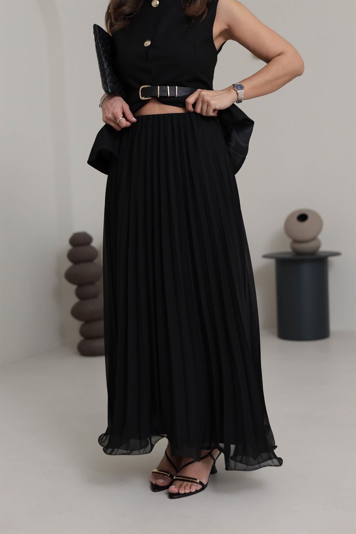 0287 Piliseli Şifon Maxi Etek SİYAH
