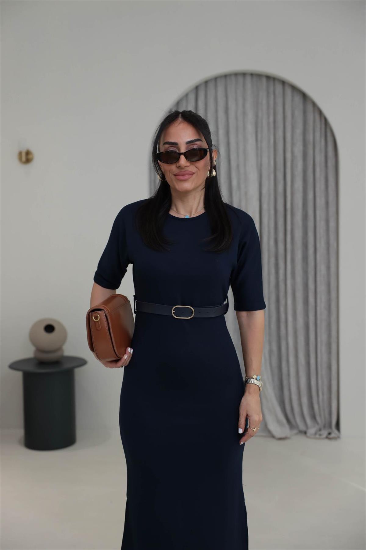 1484 Kemerli Modal Elbise LACİVERT