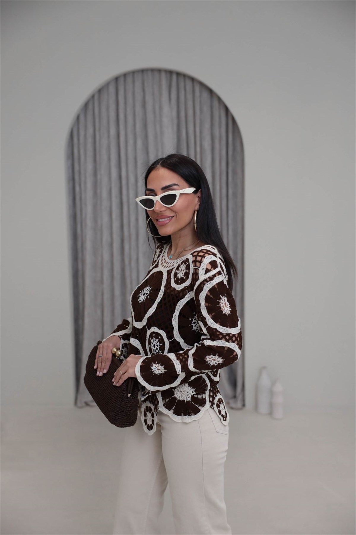 4087 Desenli Örme Yazlık Triko KAHVE