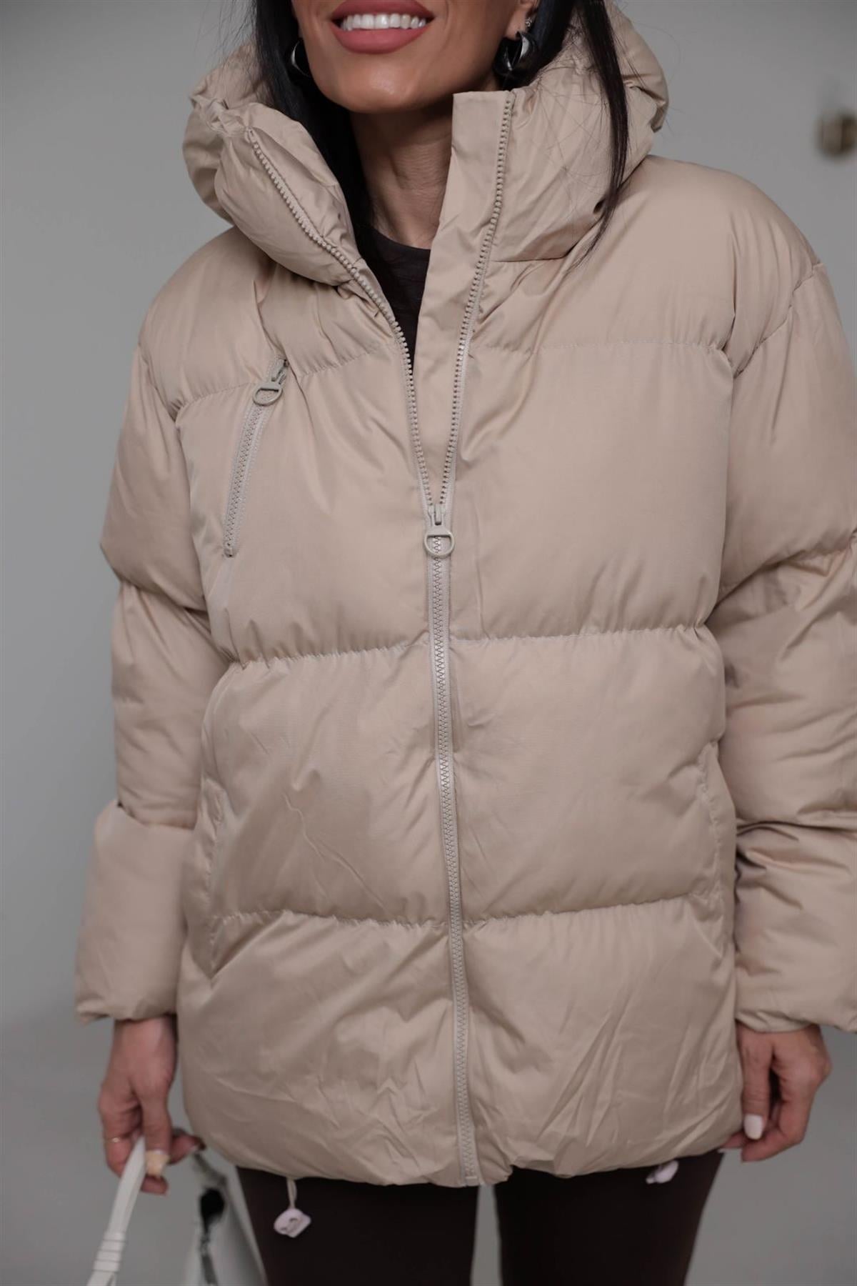 2158 Fermuar Cep Detaylı Şişme Mont BEJ