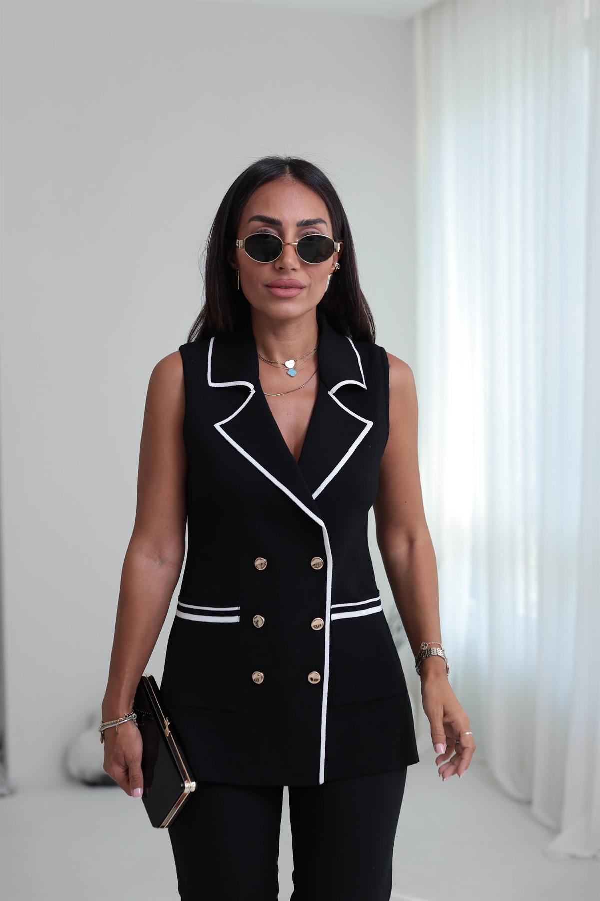 4929 Biyeli Cepli Triko Yelek SİYAH