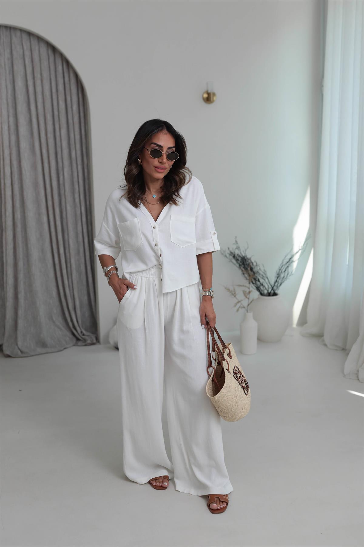 0451 Dökümlü Pamuklu V Yaka Gömlek Pantolon Takım EKRU
