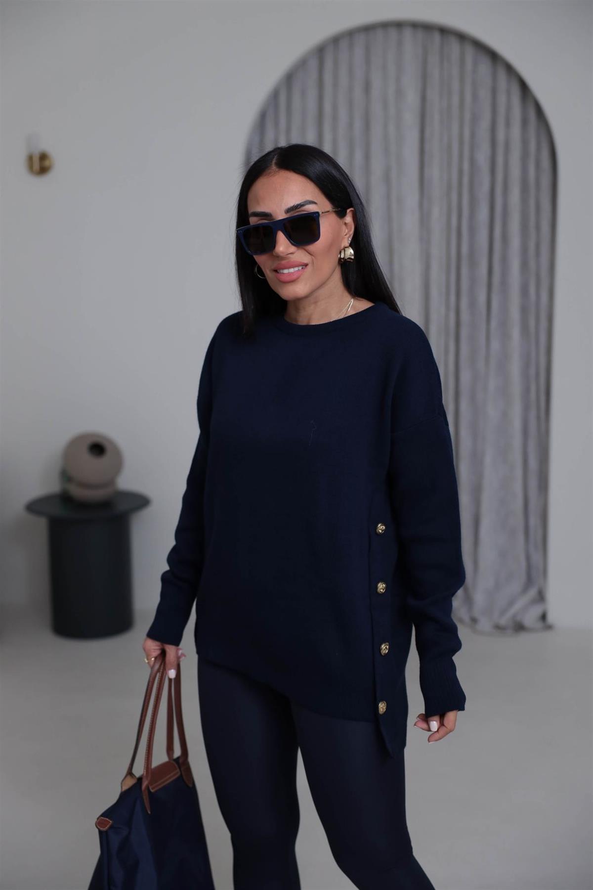 0184K Yanları Gold Düğmeli Uzun Triko Kazak LACİVERT