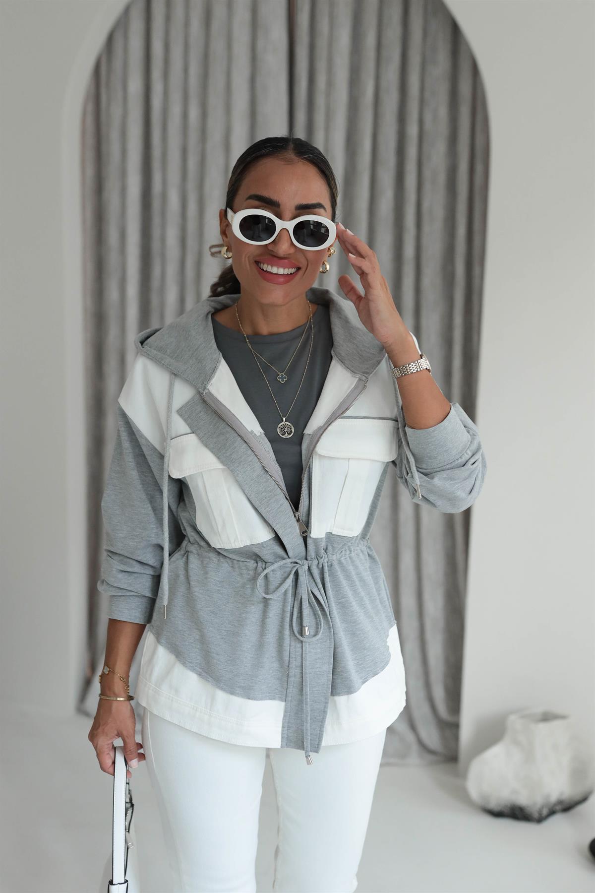 5207 Kumaş Garnili Kapşonlu Fermuarlı Ceket