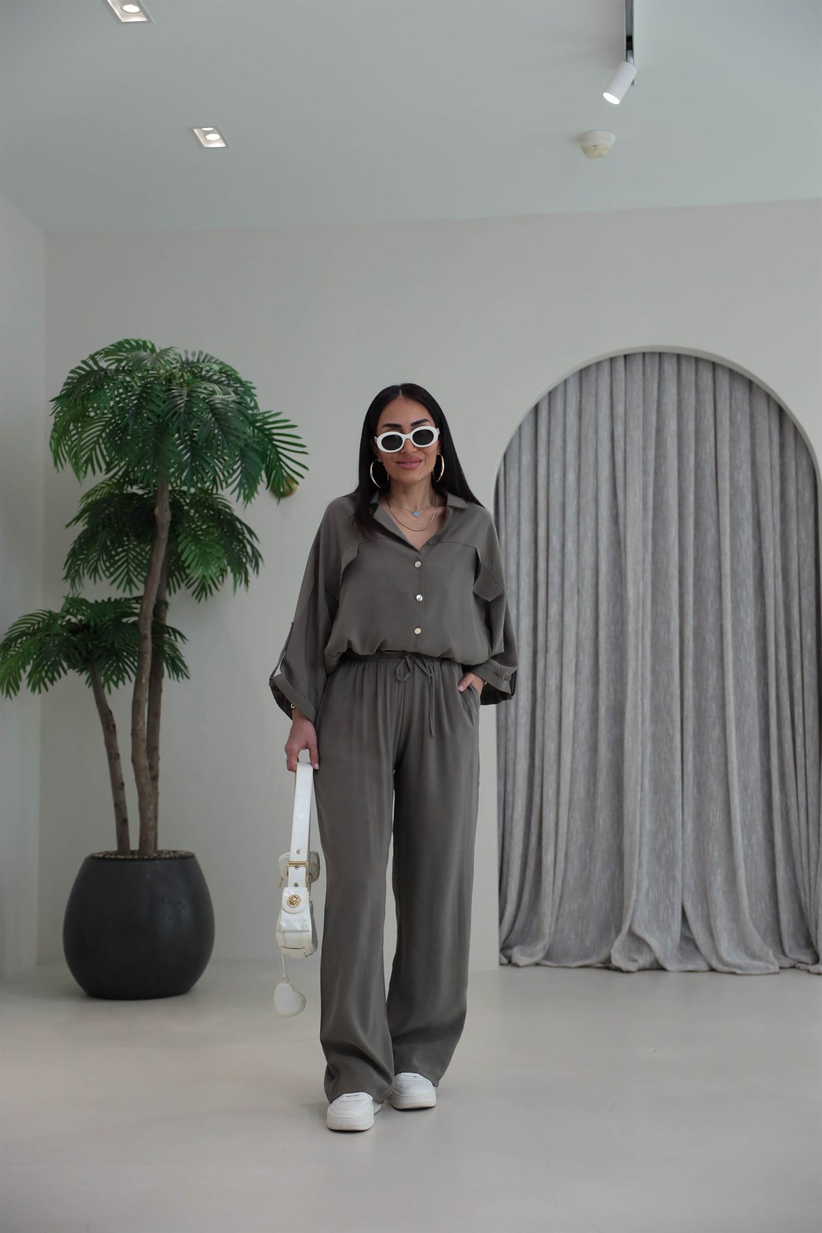 7121 Gold Düğmeli Tencel Kumaş Takım HAKİ YEŞİL