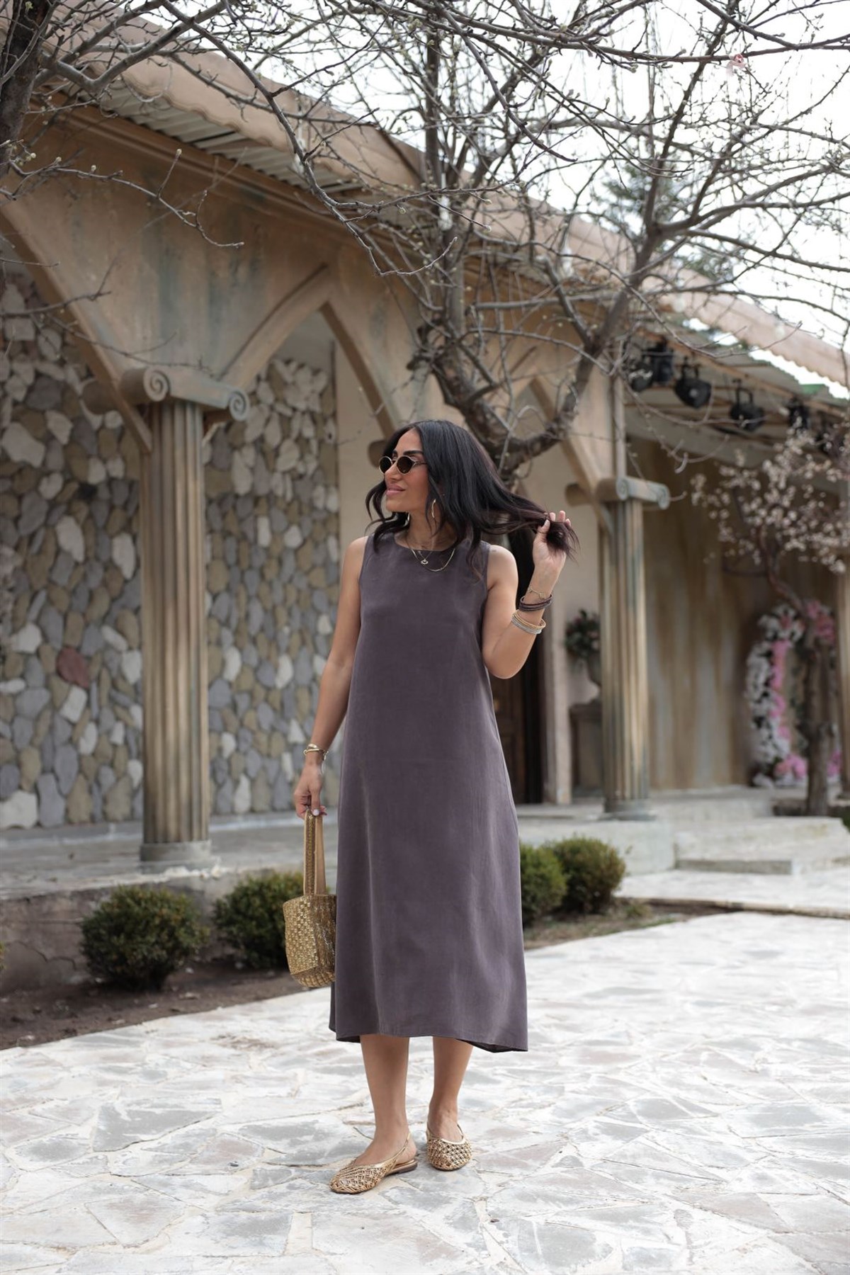 5007 Sıfır Kol Tencel Uzun Elbise MÜRDÜM