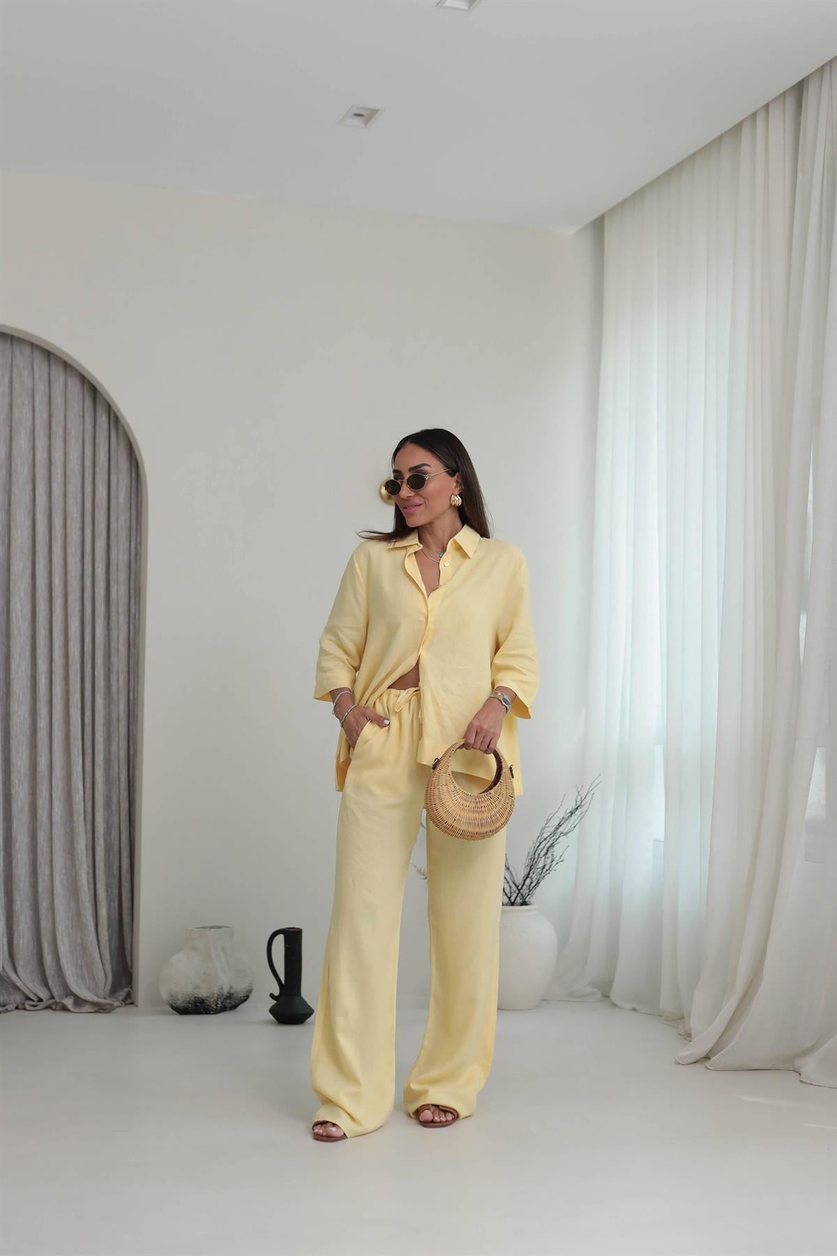 0390 Yarım Kol Gömlekli Pantolonlu Keten Takım SARI