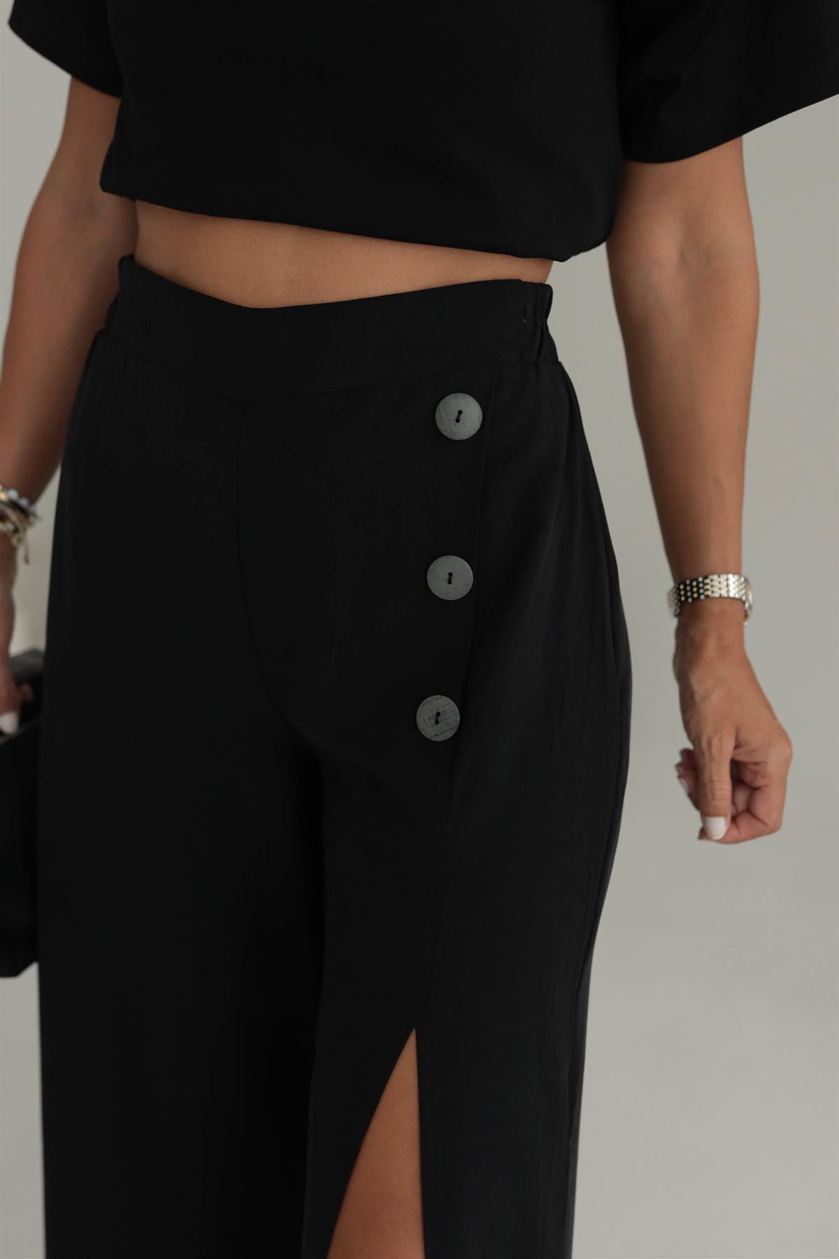 Yırtmaçlı Düğme Detaylı Tencel Pantolon