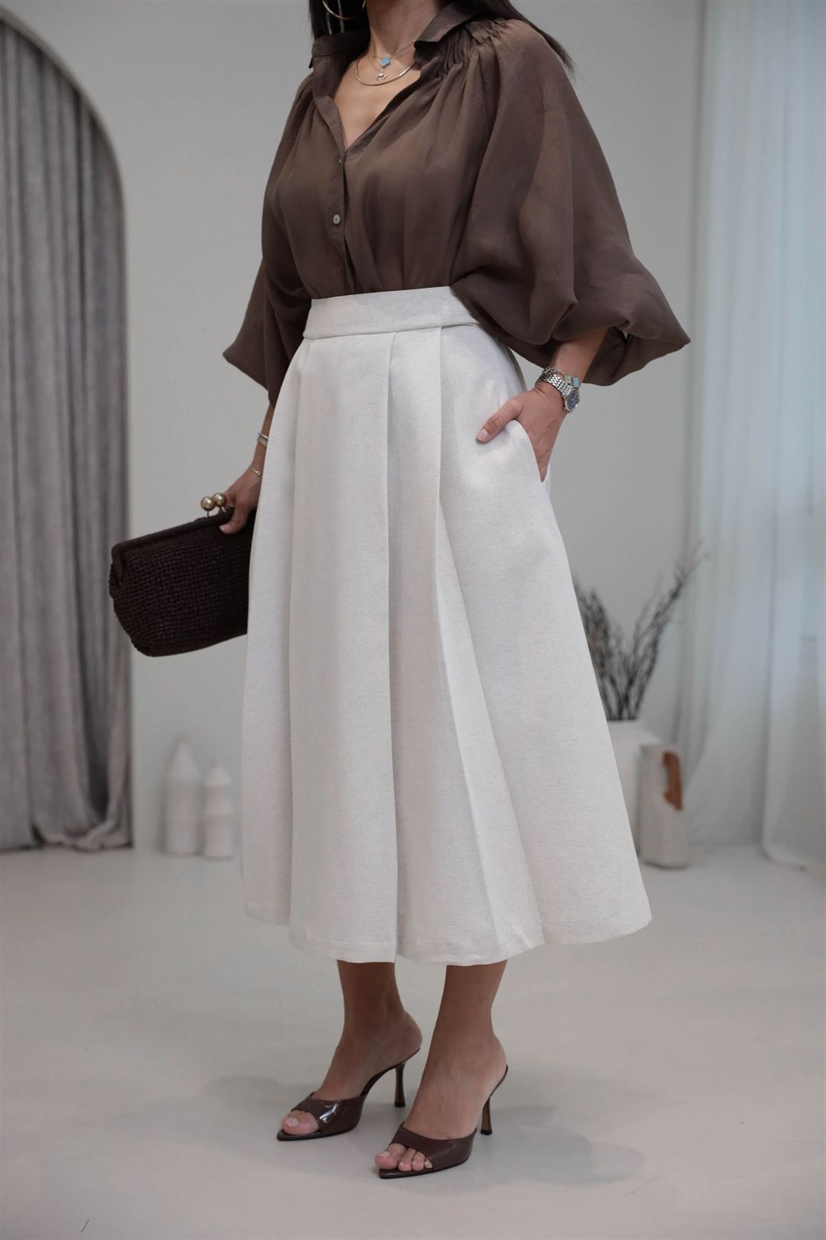 5069 Yüksek Bel Cepli Keten Kumaş Etek NATURAL