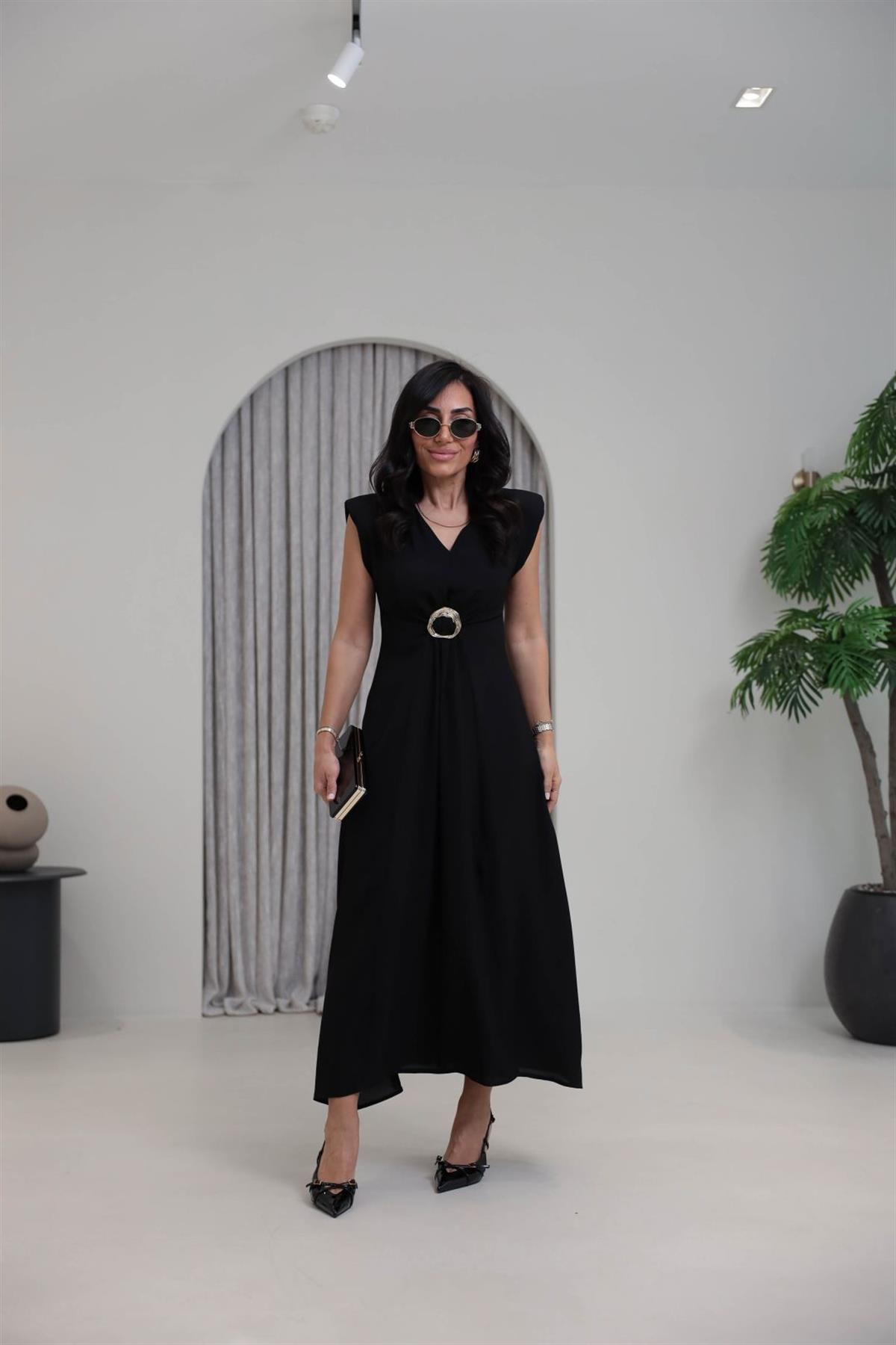 3865 V Yaka Gold Tokalı Maxi Elbise SİYAH