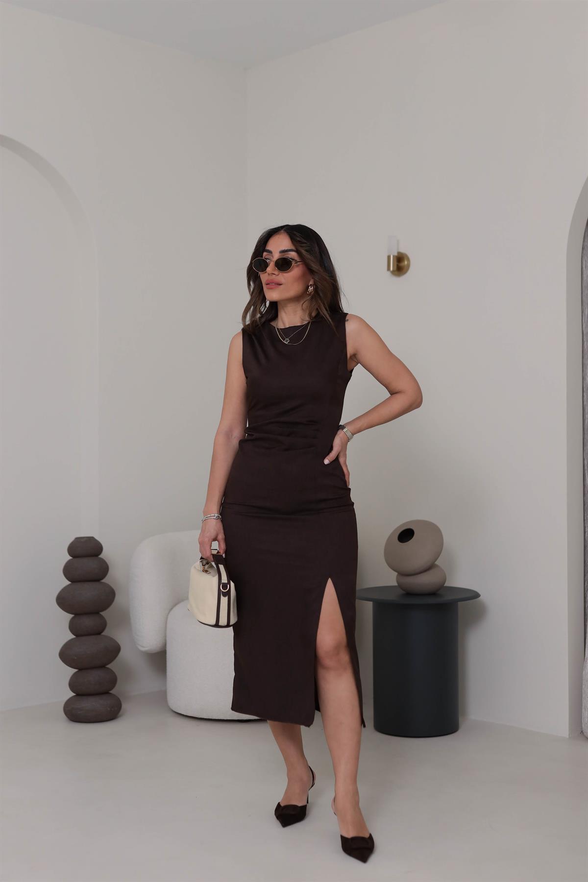 3724 Sıfır Kol Drape Detaylı Yırtmaçlı Elbise ACI KAHVE