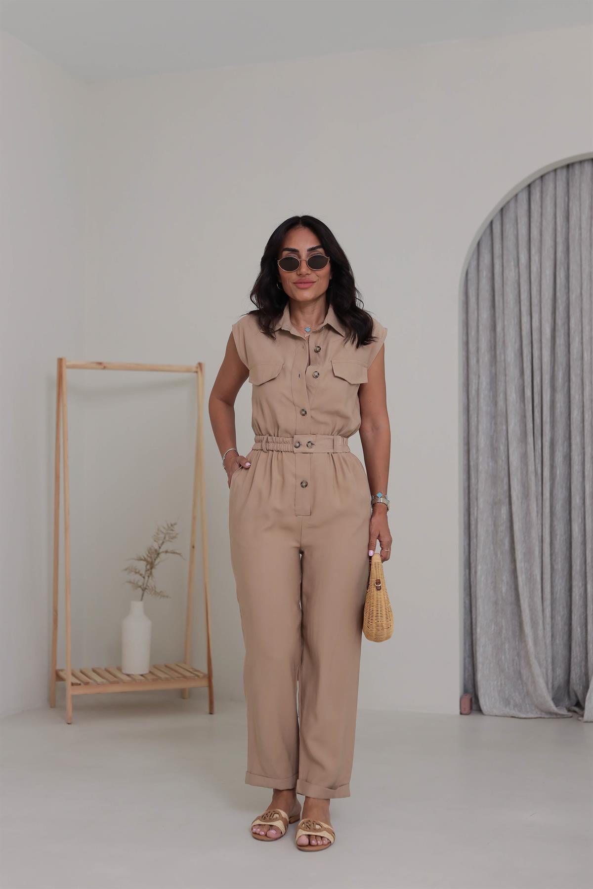 0107 Polo Yaka Kemerli Tencel Tulum CAMEL