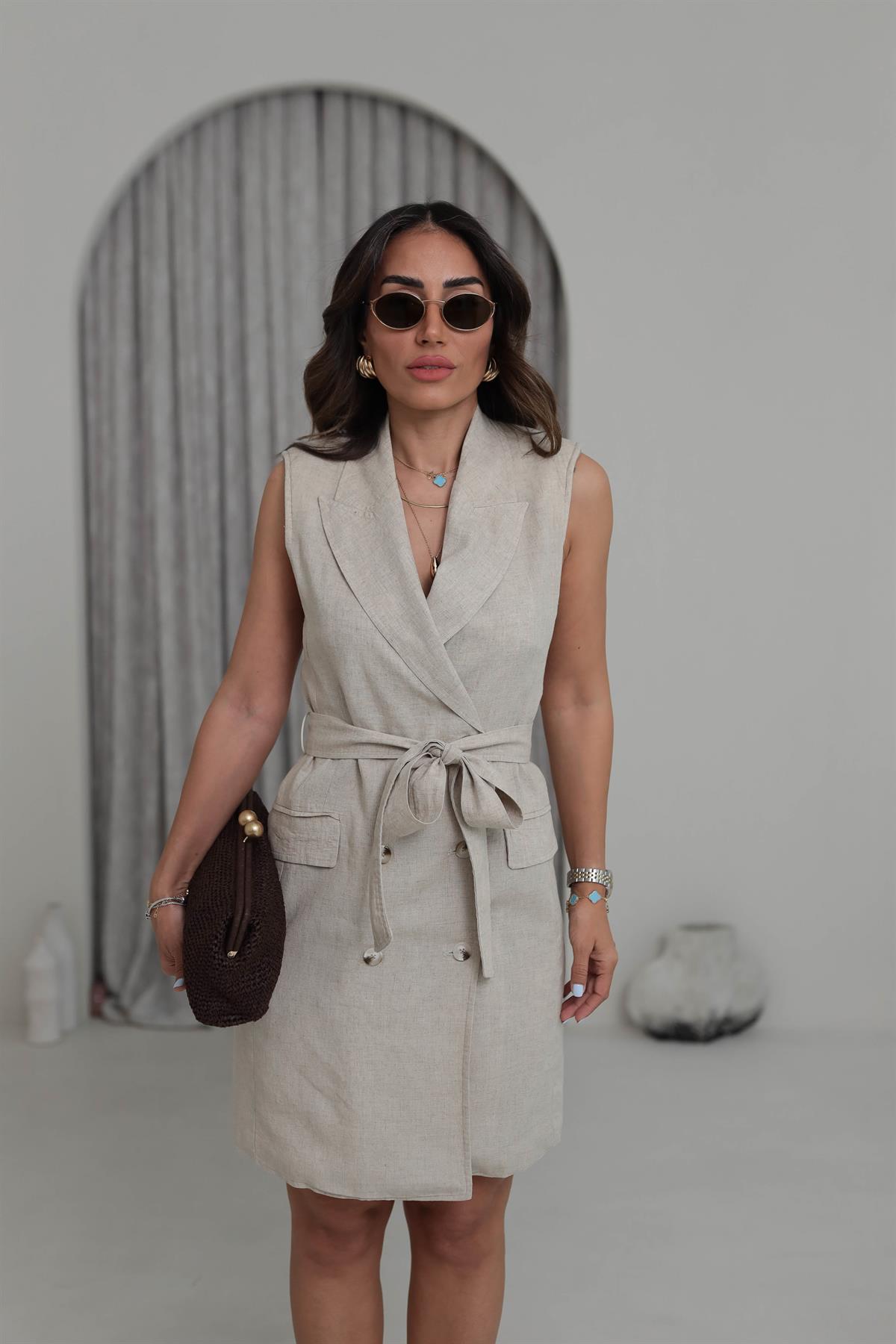 1001 Gömlek Yaka Keten Elbise NATURAL