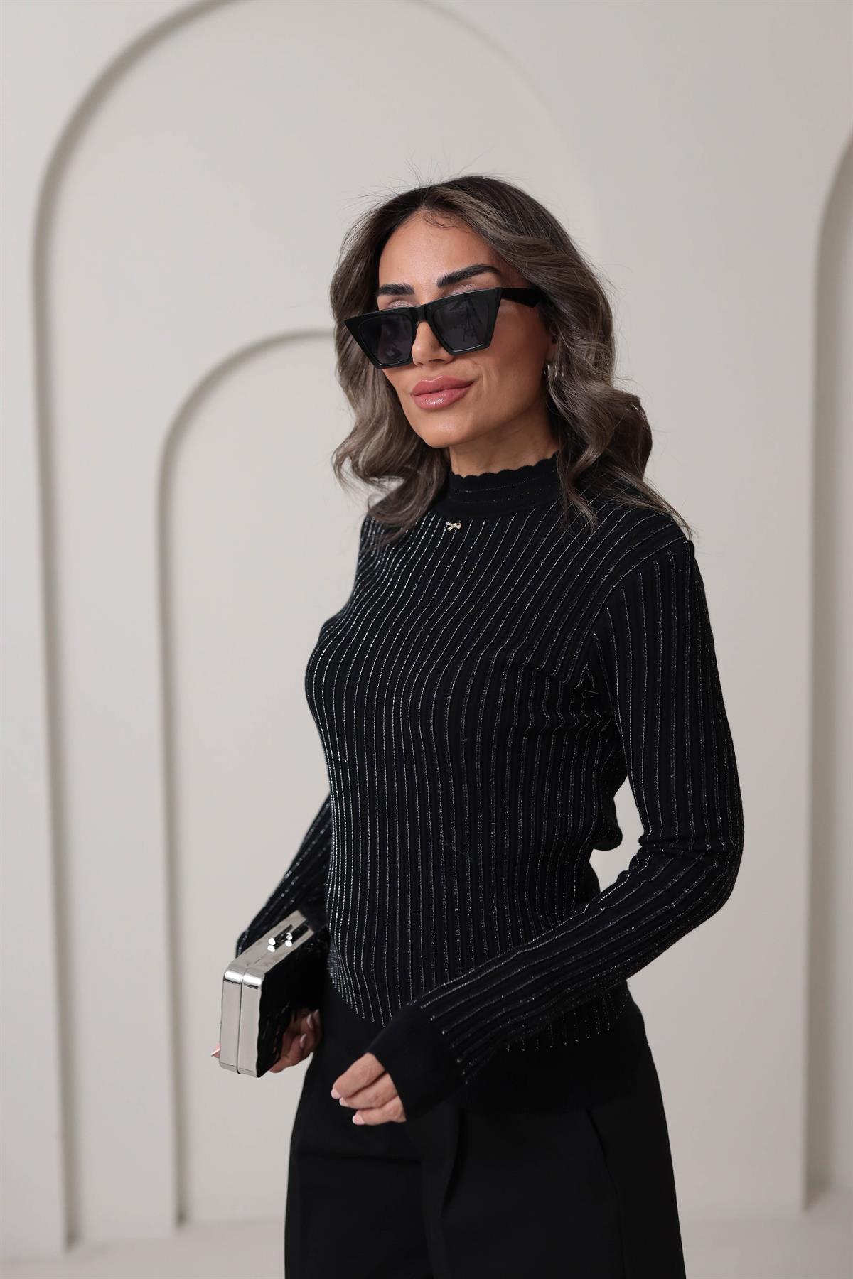 0249 Fitilli Sim İplikli Kurdele Detaylı Triko SİYAH