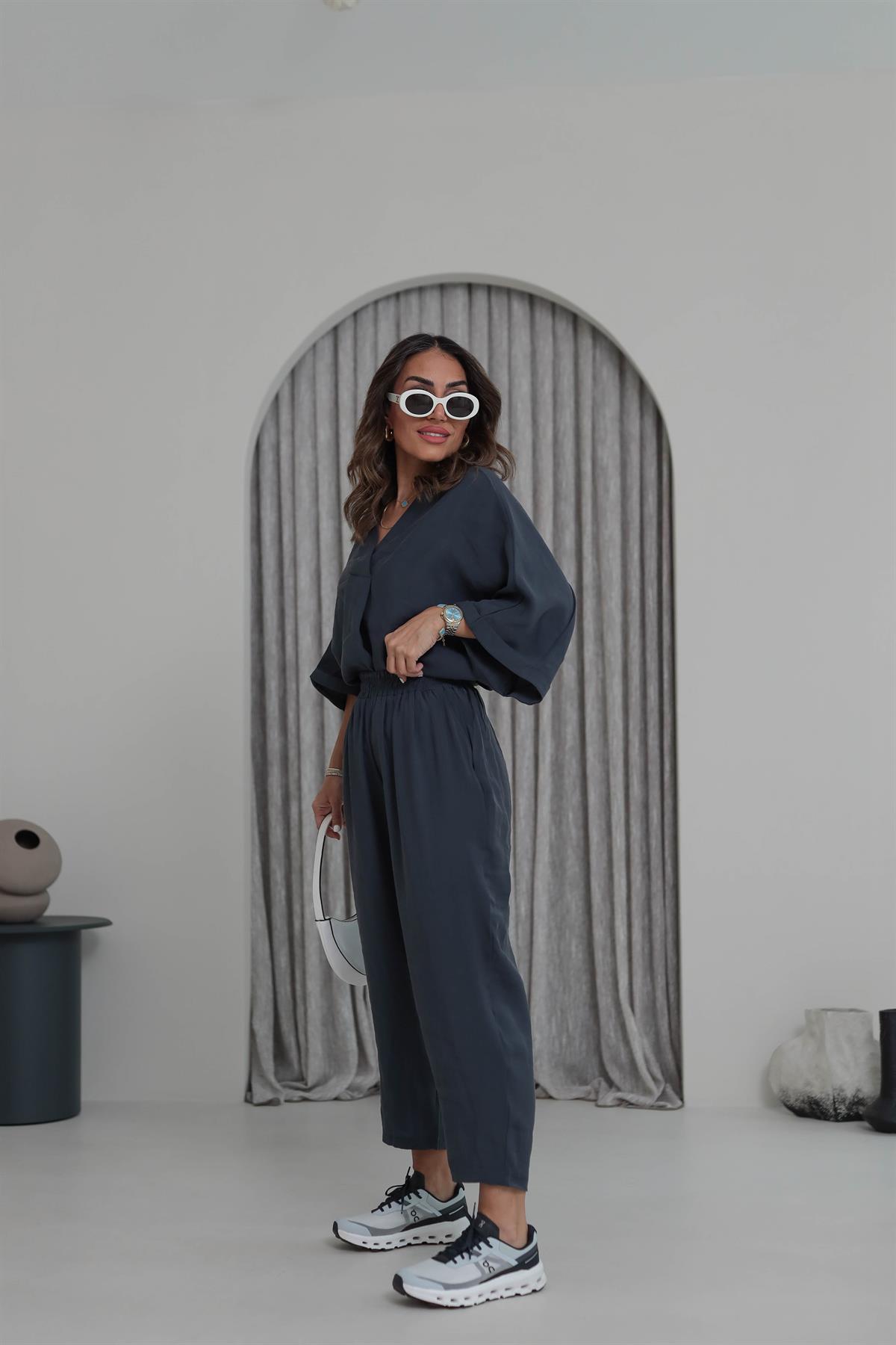 3077 Düşük Kol Tencel Kumaş Takım ANTRASİT