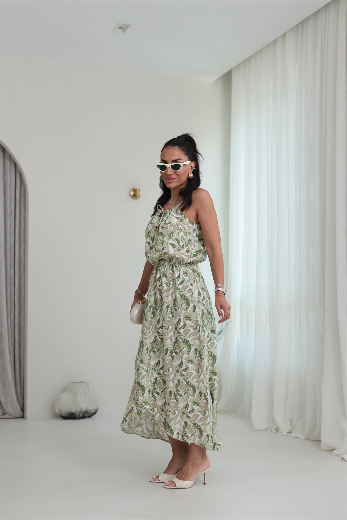 7298 Boncuk Detay Bağlamalı Bel Lastikli Elbise YEŞİL