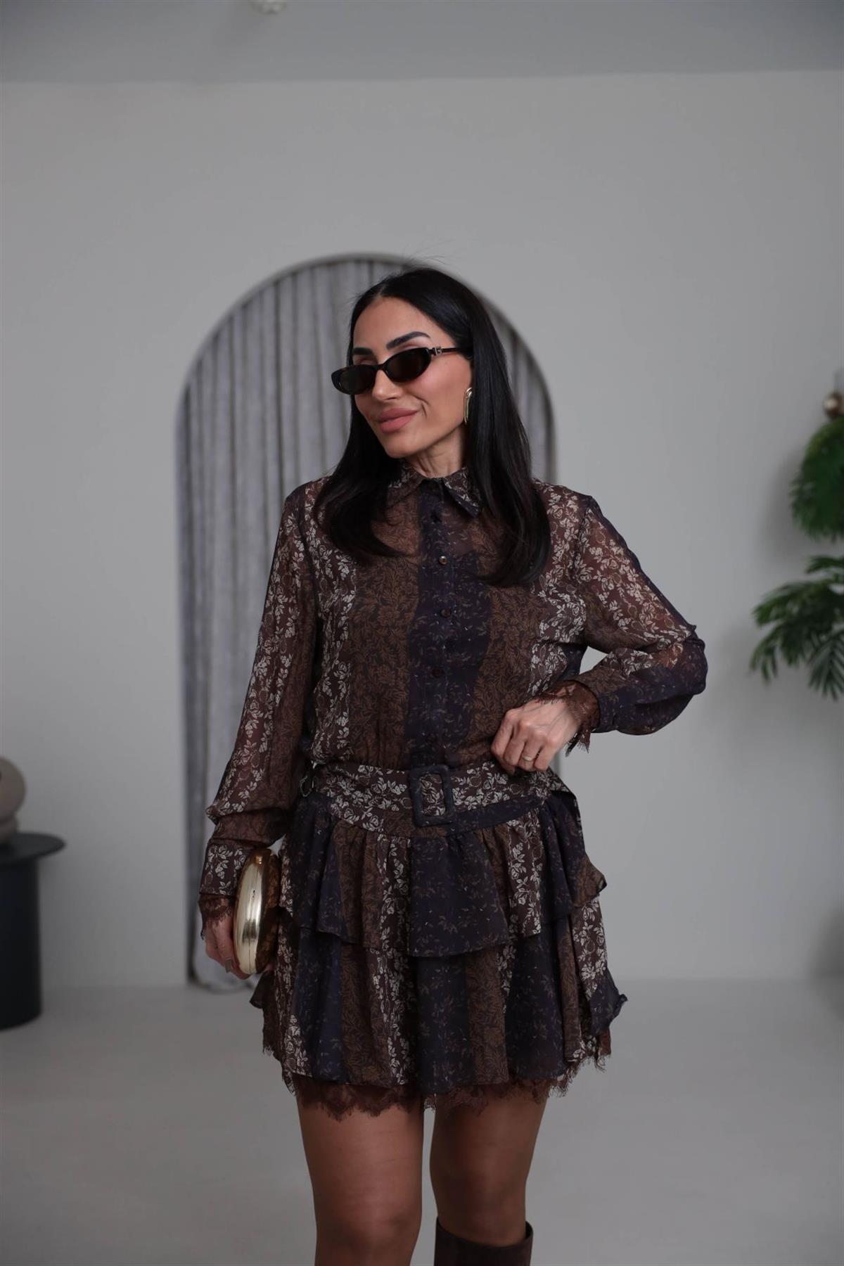 5539 Kol ve Etek Ucu Güpürlü Gömlek Yaka Şifon Elbise DESENLİ