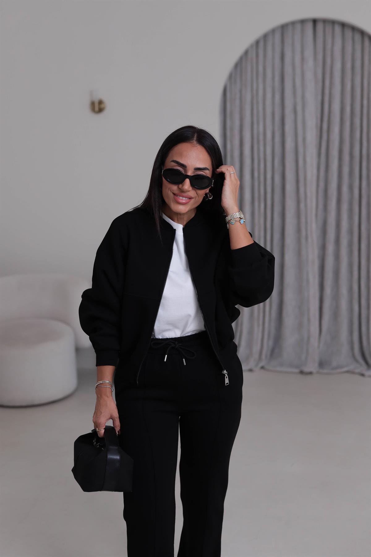 7085 Viral Bomber Ceketli 3 İplik Şardonlu Takım SİYAH