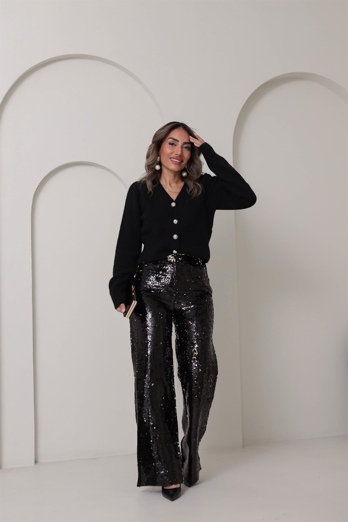 0273 V Yaka Gold Düğme Detaylı Hırka SİYAH