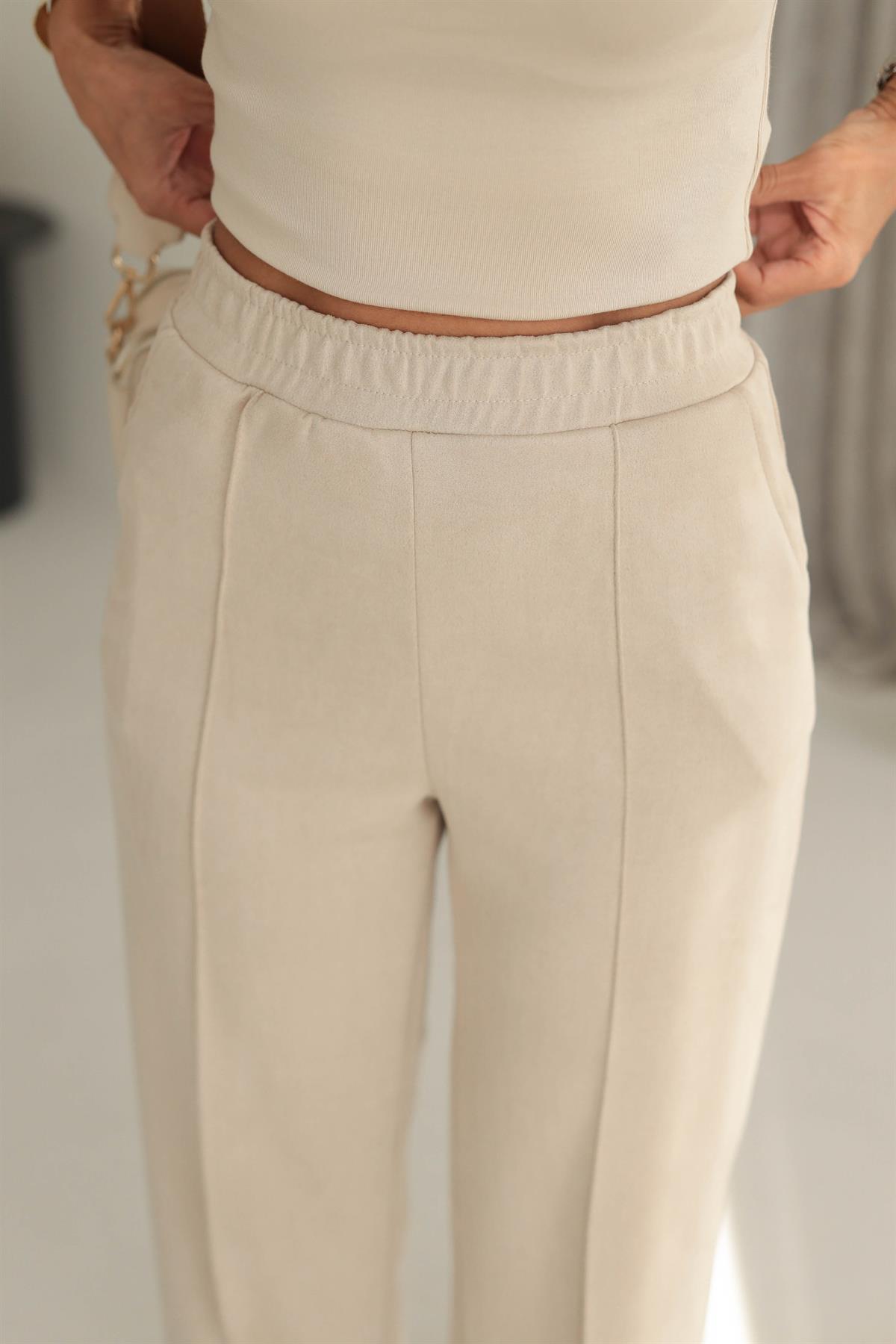 6632 Bel Lastikli Bol Nubuk Pantolon