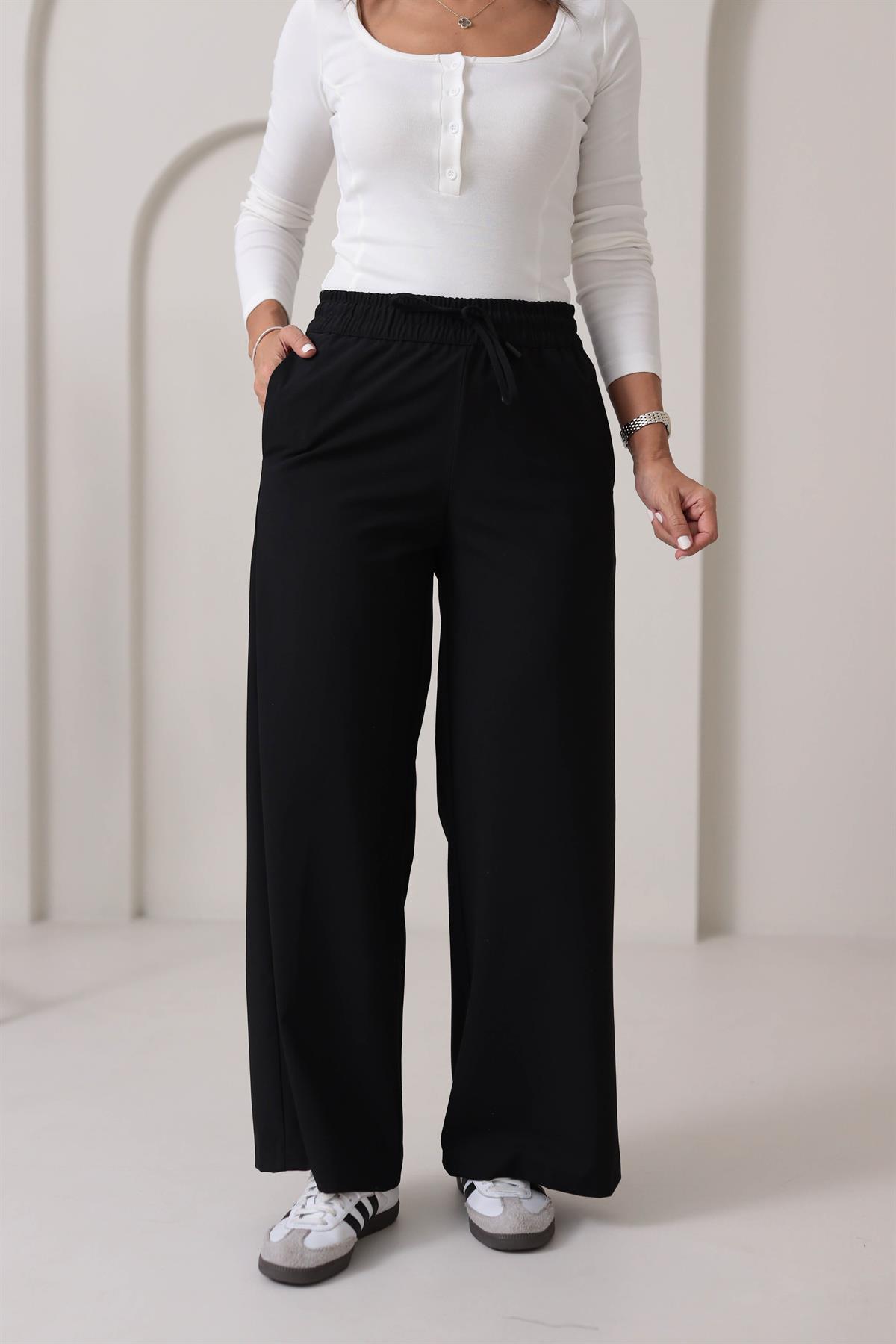 1556 Bel Bağcık ve Lastikli Bol Paça Pantolon SİYAH
