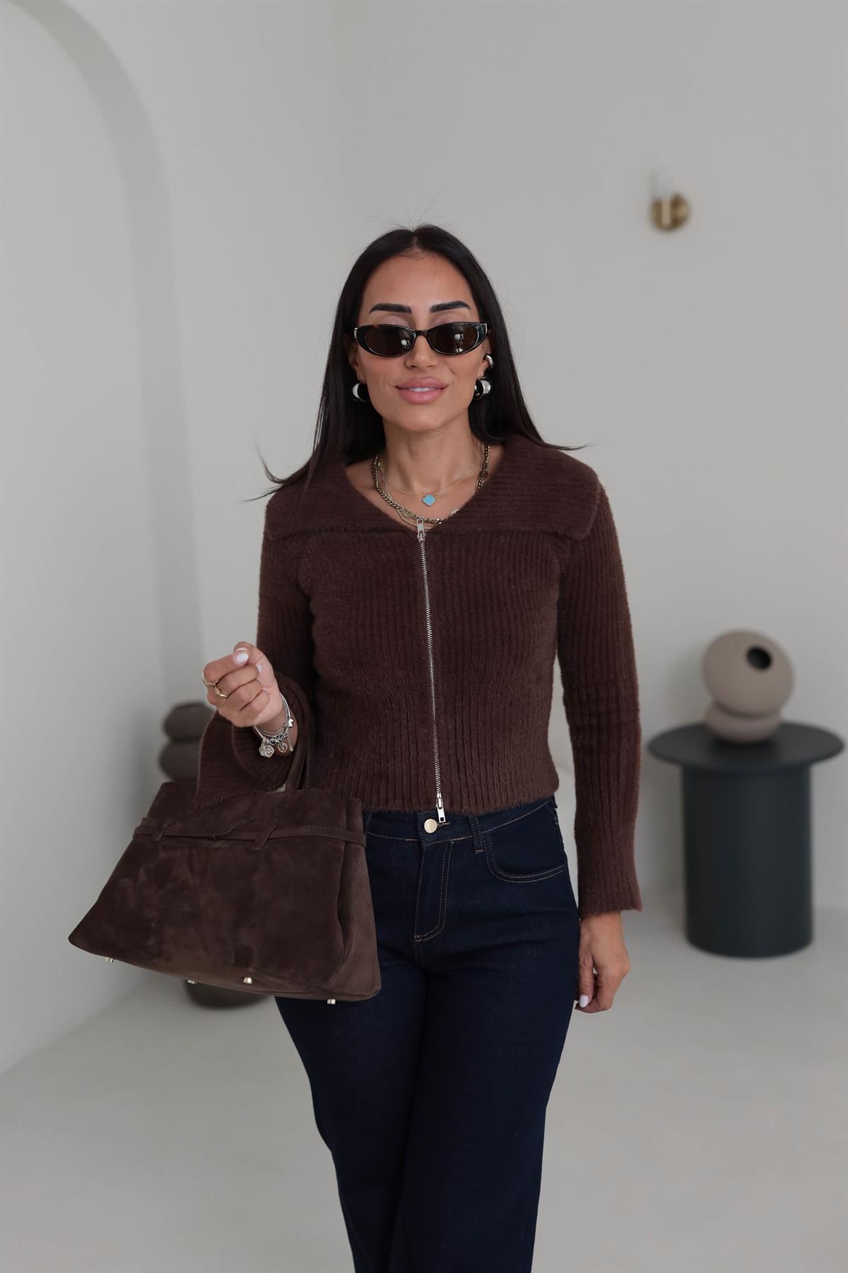 4952 Çift Fermuarlı Kol Yırtmaçlı Triko Hırka Bluz KAHVE