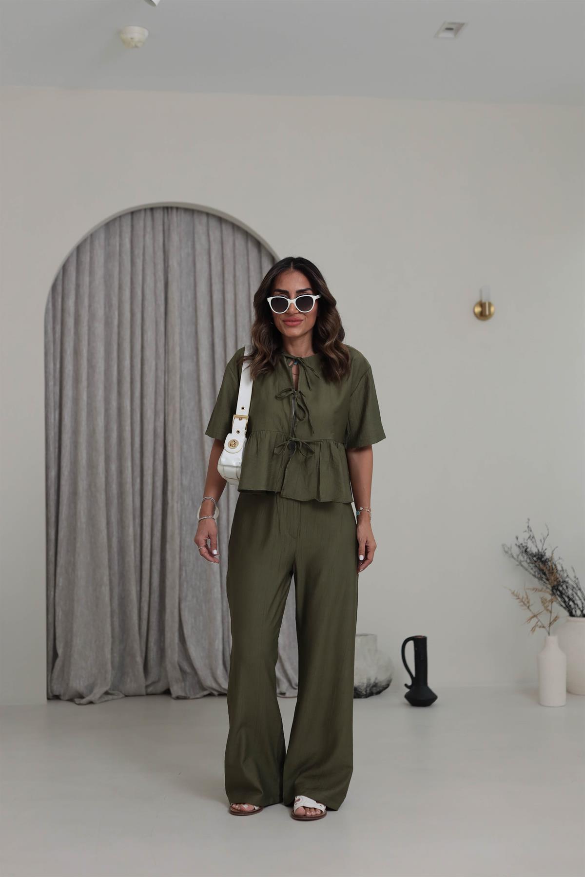 9265 Bağlama Detaylı Çilek Kumaş Takım HAKİ YEŞİL