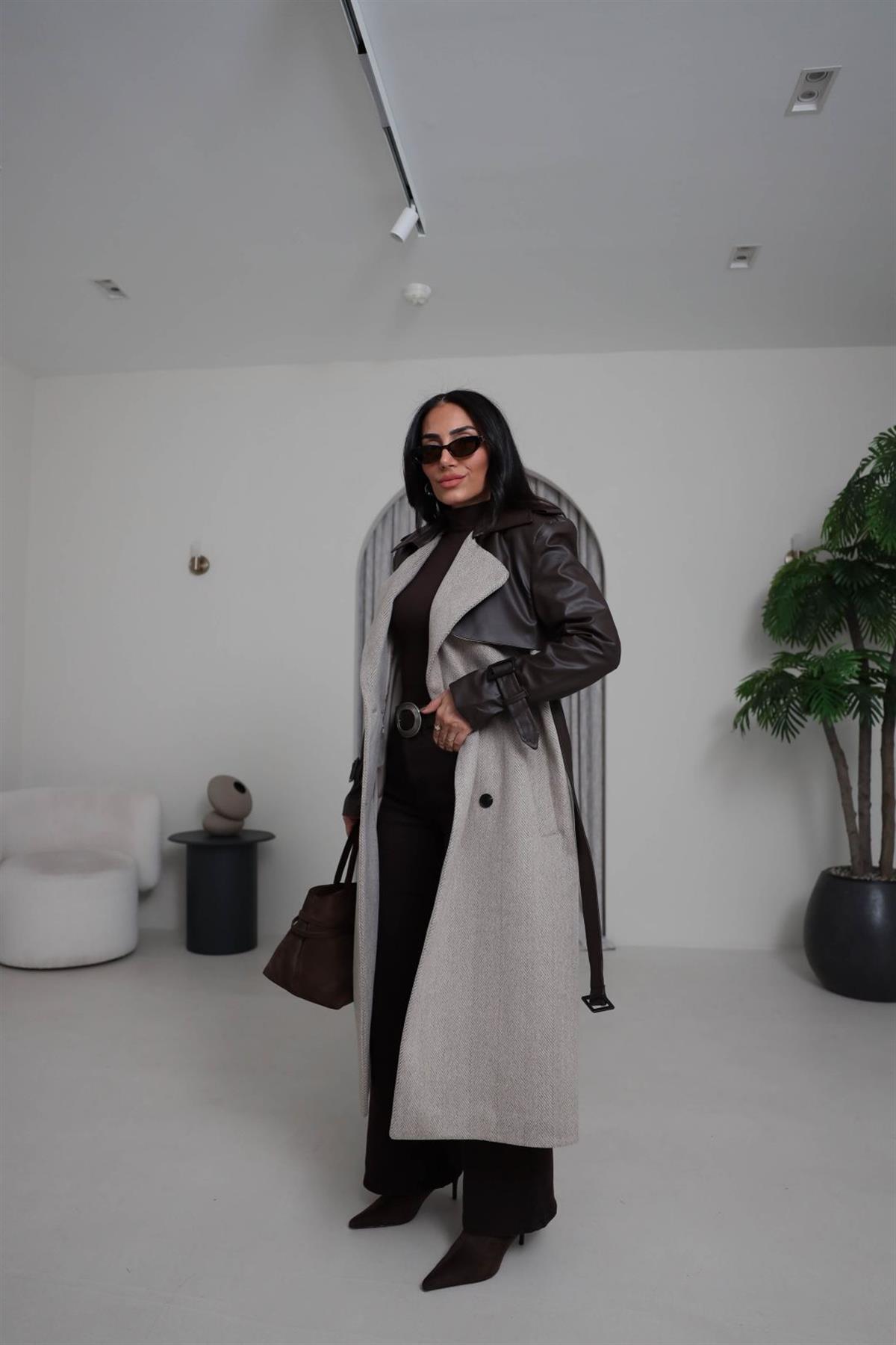 9039 Deri Garnili Kuşaklı Balıksırtı  Premium Kaban ACI KAHVE