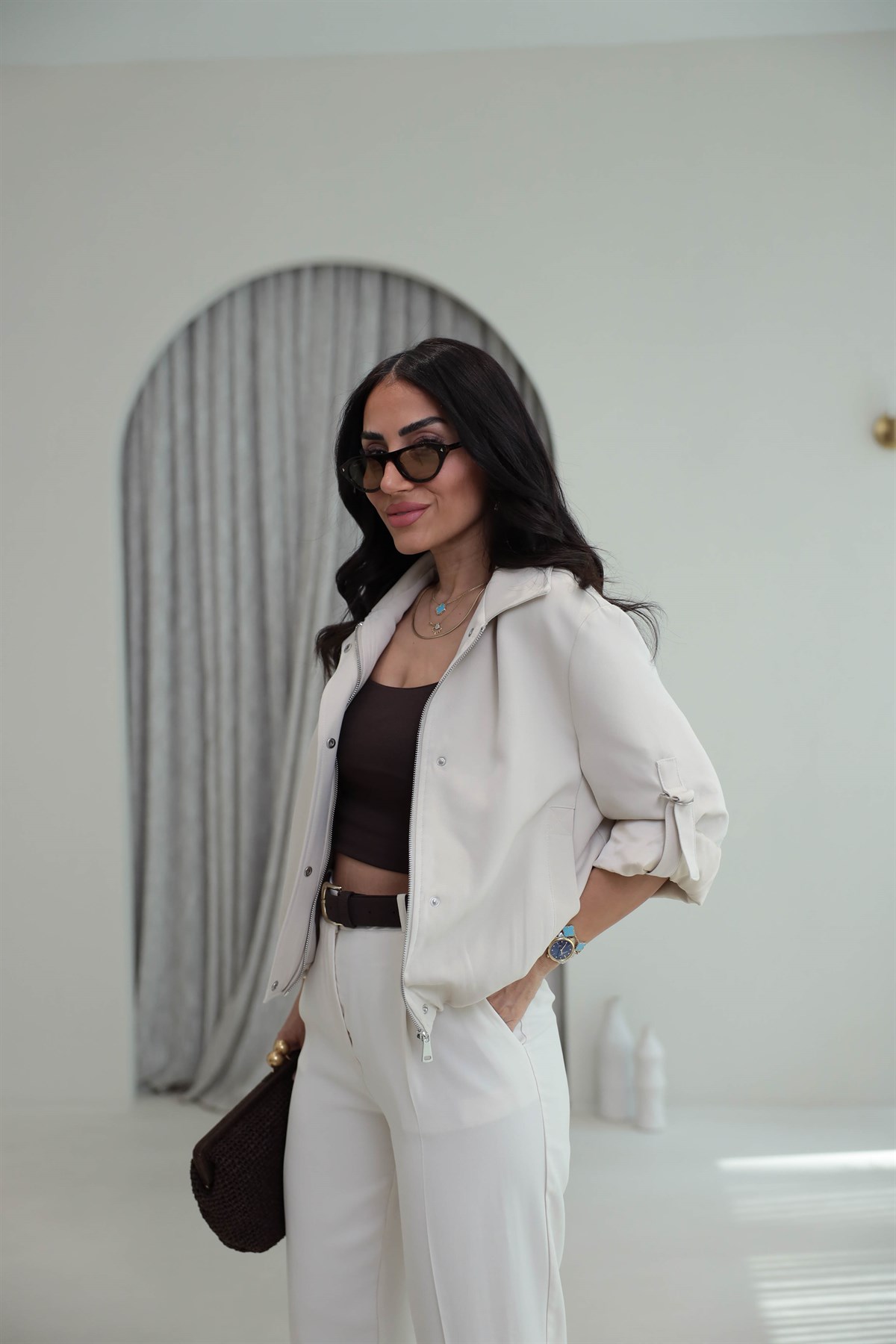 6341 Kolu Katlamalı Fermuarlı Çıtçıtlı Ceket TAŞ