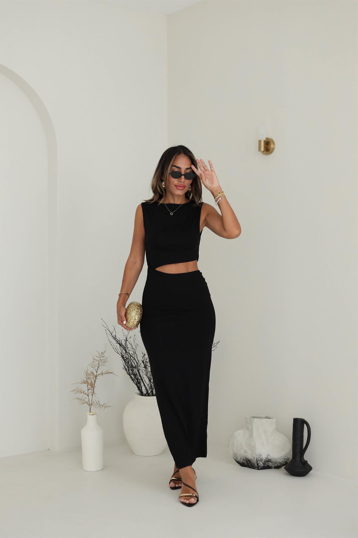 9874 Bel Dekolteli Sıfır Kol Maxi Penye Elbise