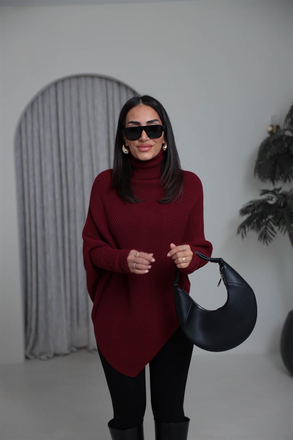 2574 Balıkçı Yaka Asimetrik Triko Kazak BORDO