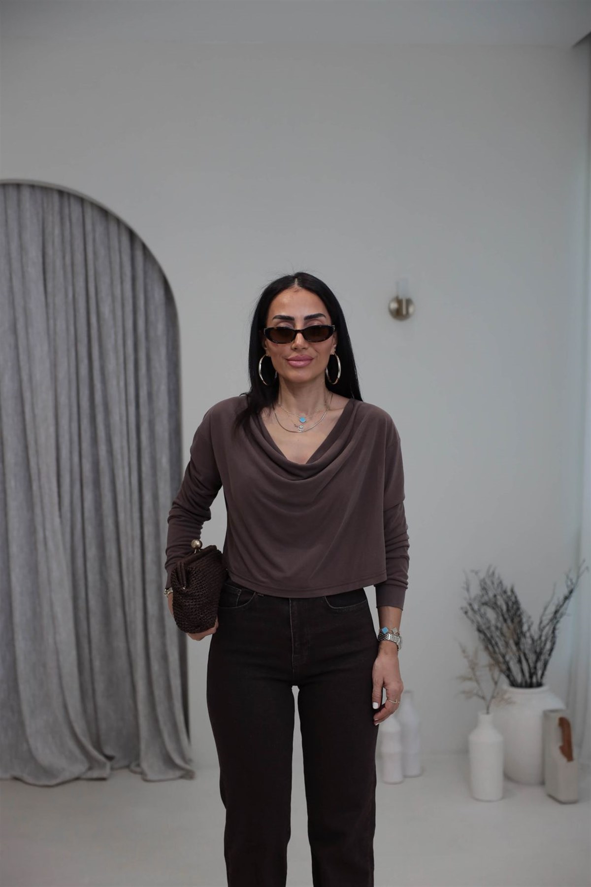 2424 Degaje Yaka Modal Bluz KAHVE