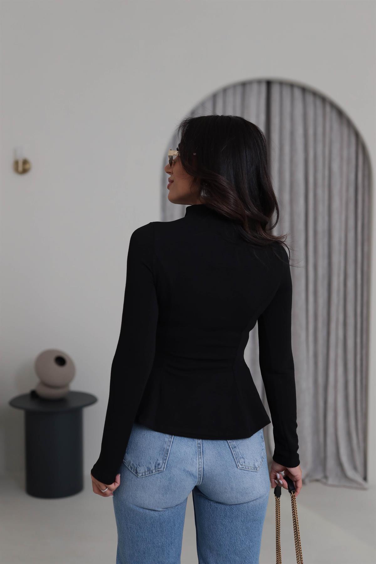 2038 Uzun Kollu Peplum Bluz SİYAH