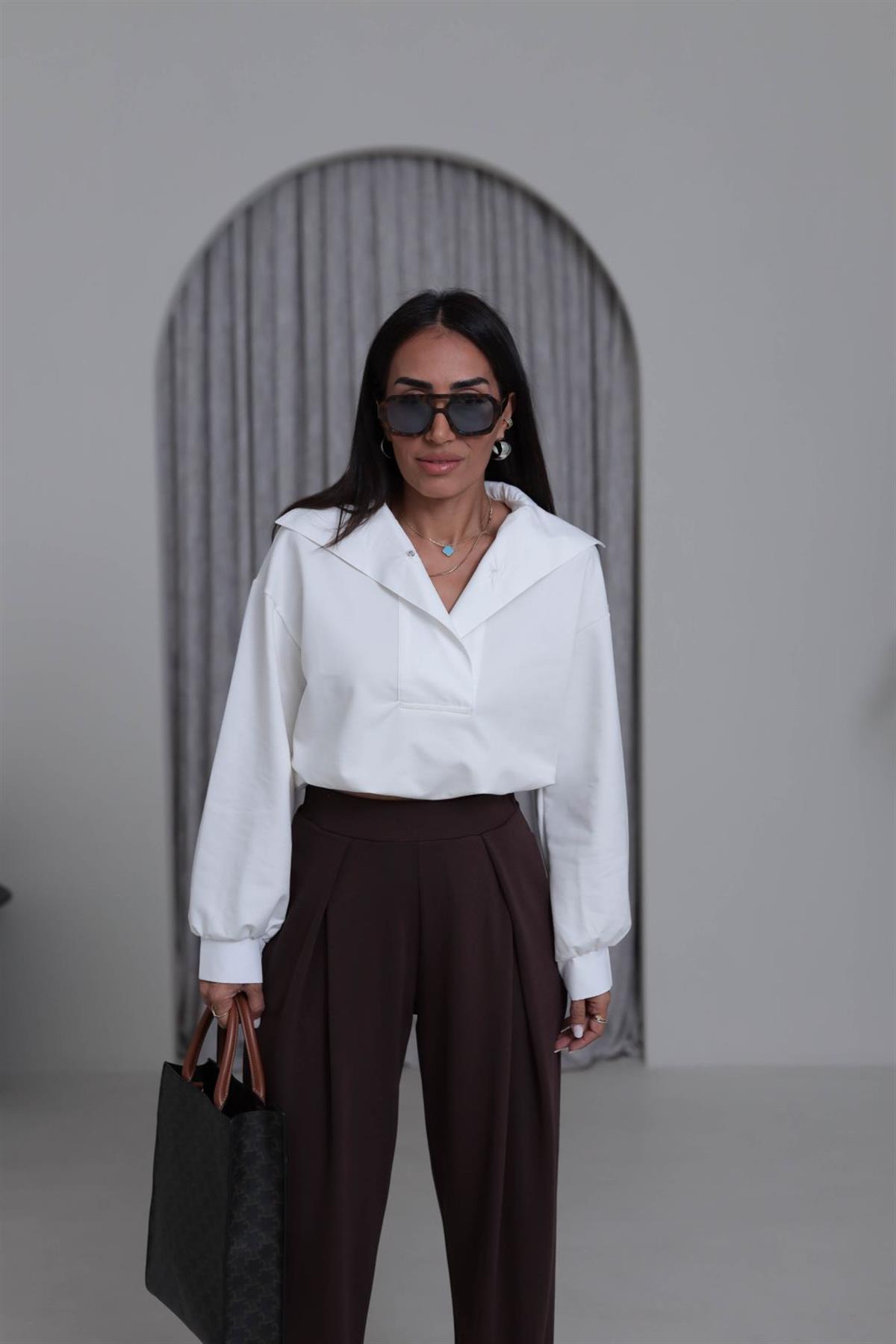 6720 Poplin Yaka Altı Lastikli Sweatshirt EKRU