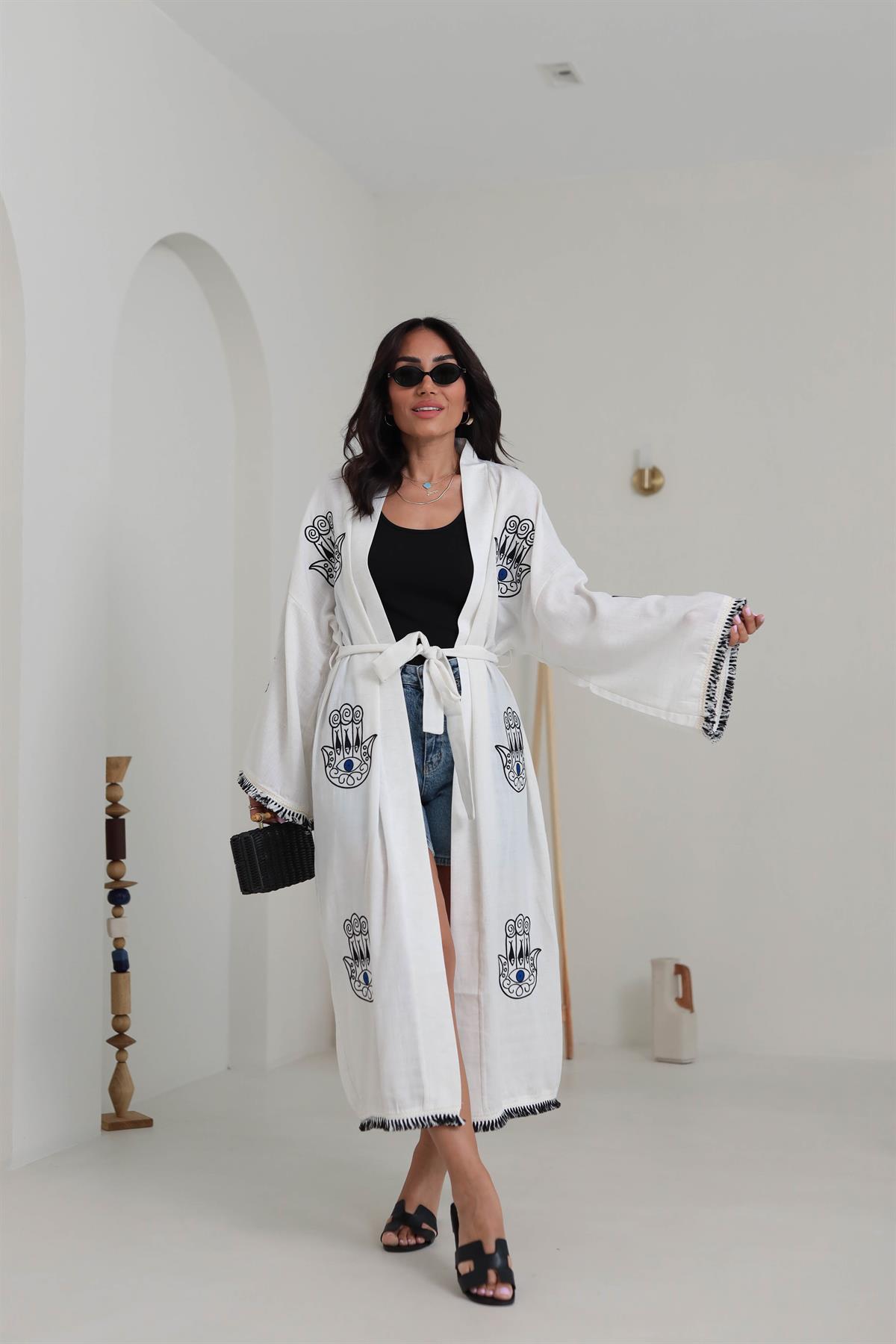 1420 Nakış İşlemeli Keten Kimono EKRU