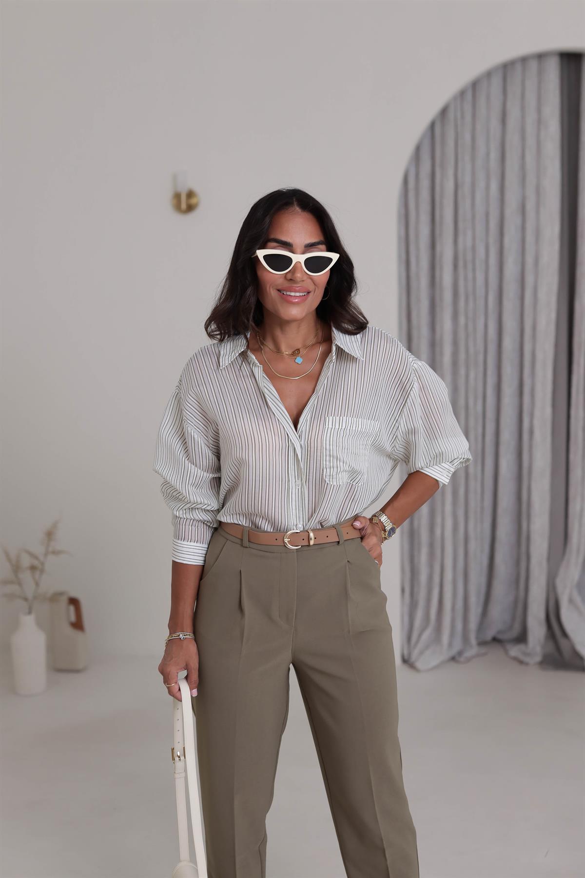 4904 Düşük Omuz Çizgili Oversize Gömlek HAKİ YEŞİL