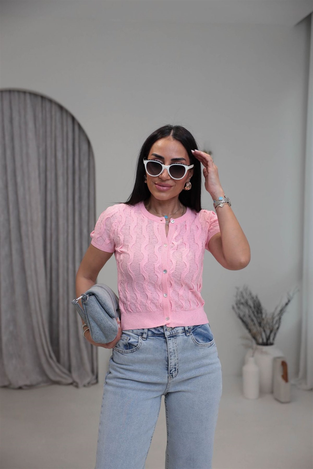 0980 Bisiklet Yaka Dokulu Düğmeli Triko PEMBE