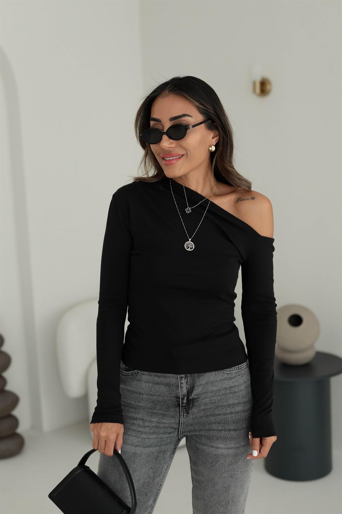 6130 Çapraz Yakalı Uzun Kol Bluz SİYAH