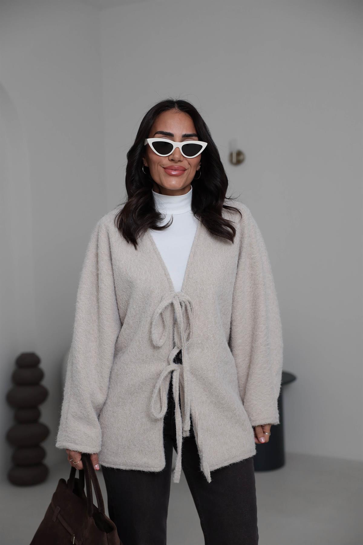 8989 Önü Bağlamalı Oversize Keçe Ceket TAŞ