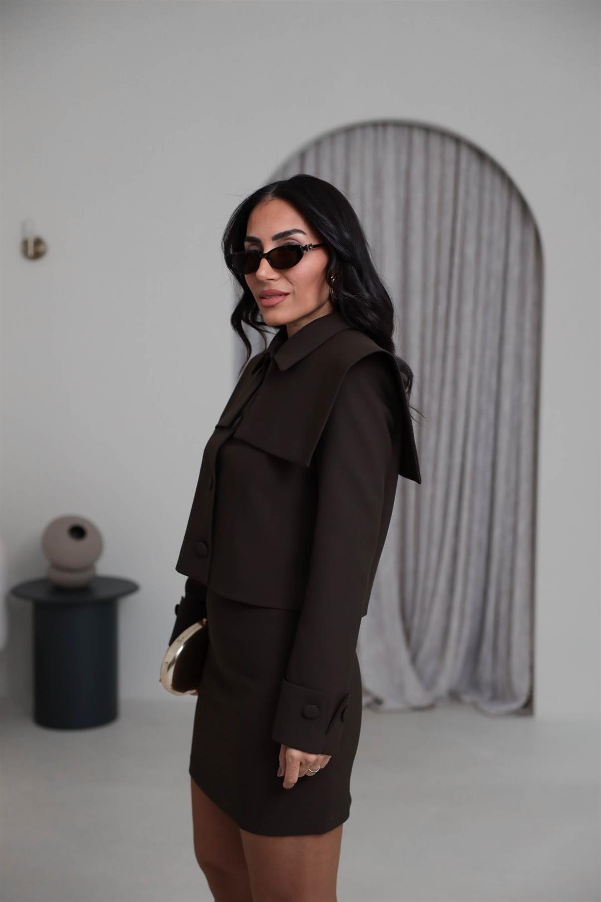 8945 Yaka Detay Ceketli Etekli Takım KAHVE