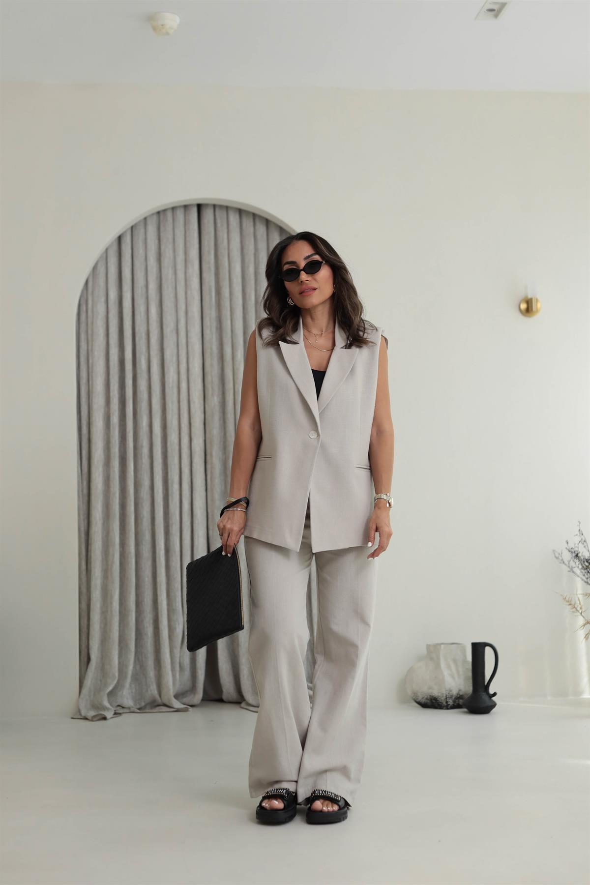 Omuz Vatkalı Yelek Keten Takım TAŞ