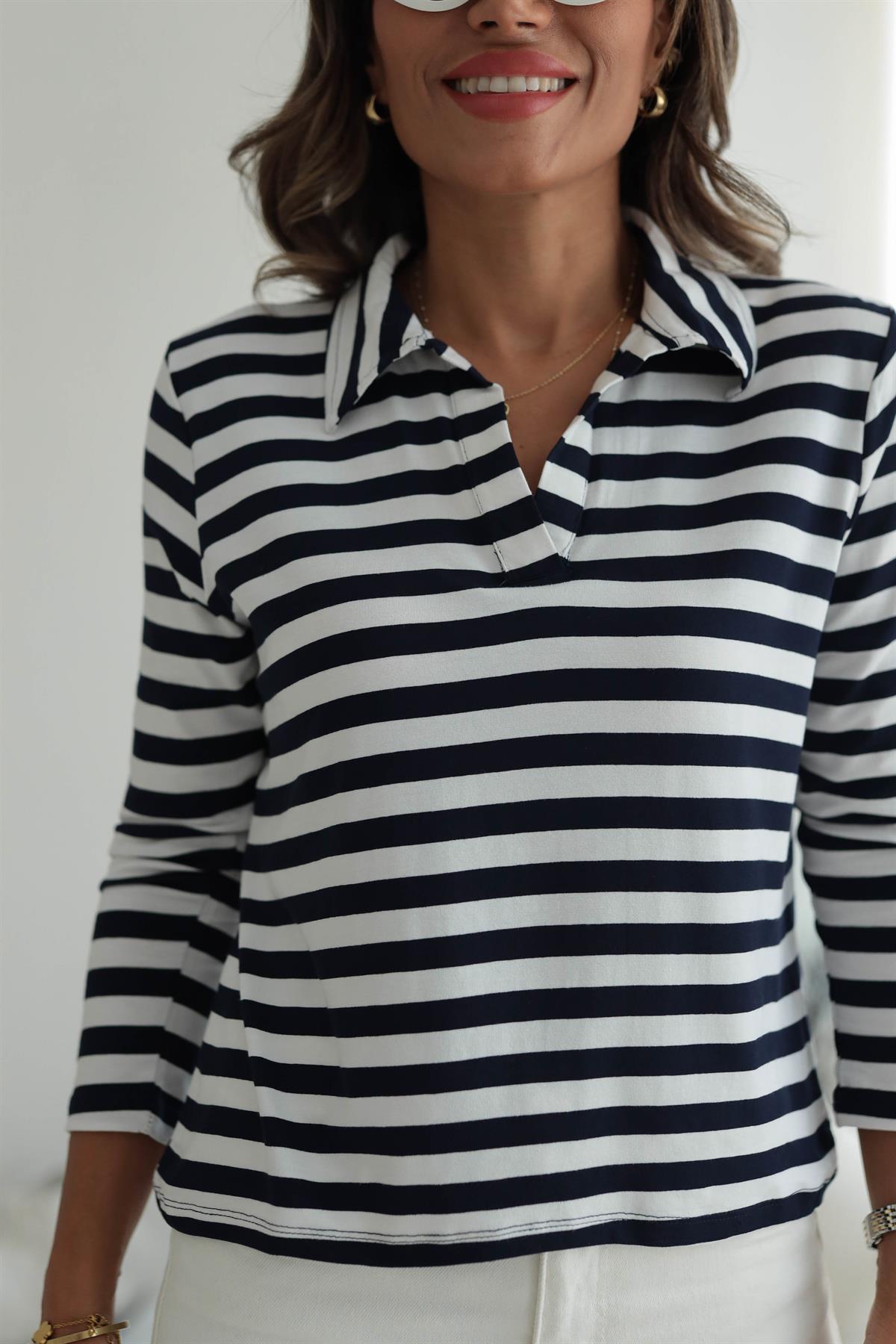 Polo Yaka Çizgili Modal Penye Bluz