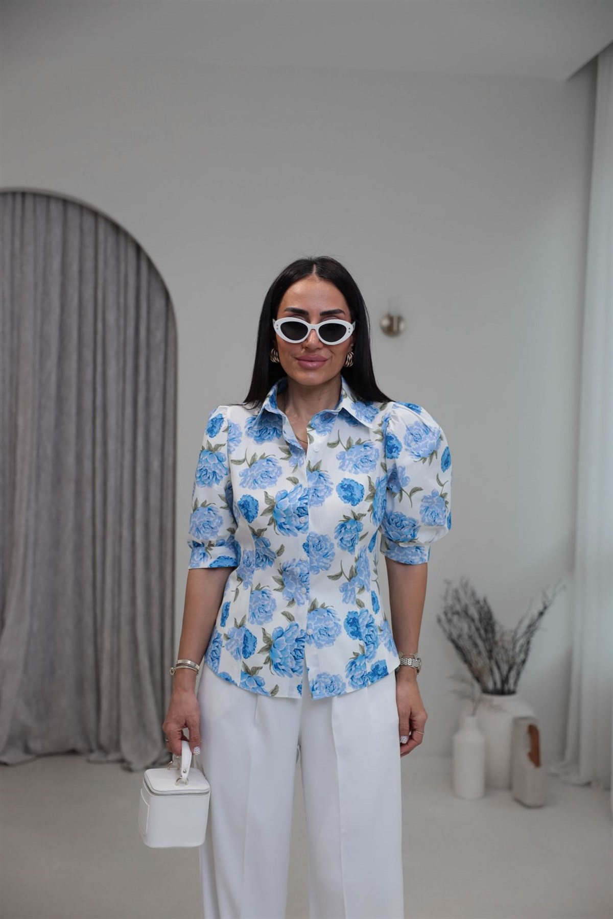 3294 Çiçek Desenli Kısa Kol Gömlek MAVİ