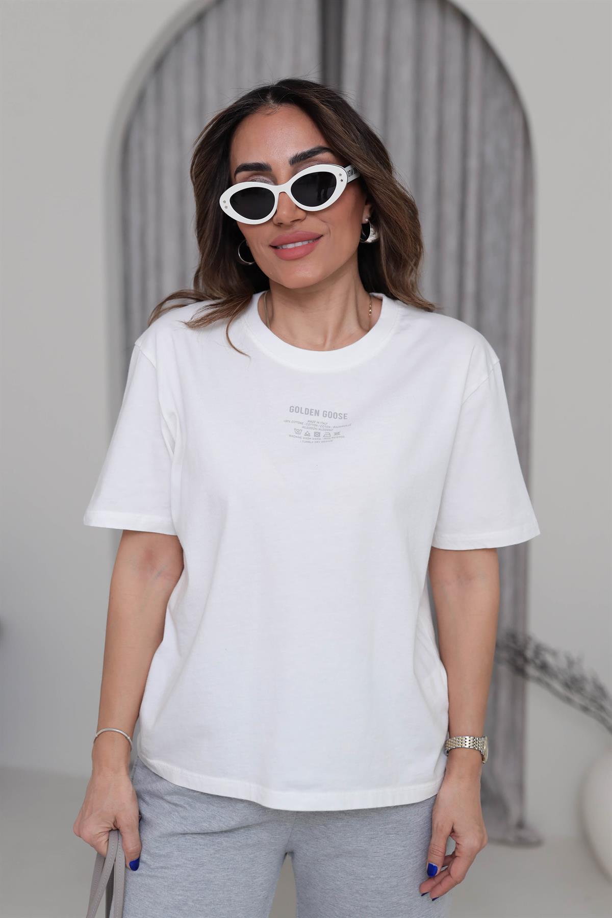 1010 Bisiklet Yaka Yazı Detaylı Tshirt EKRU