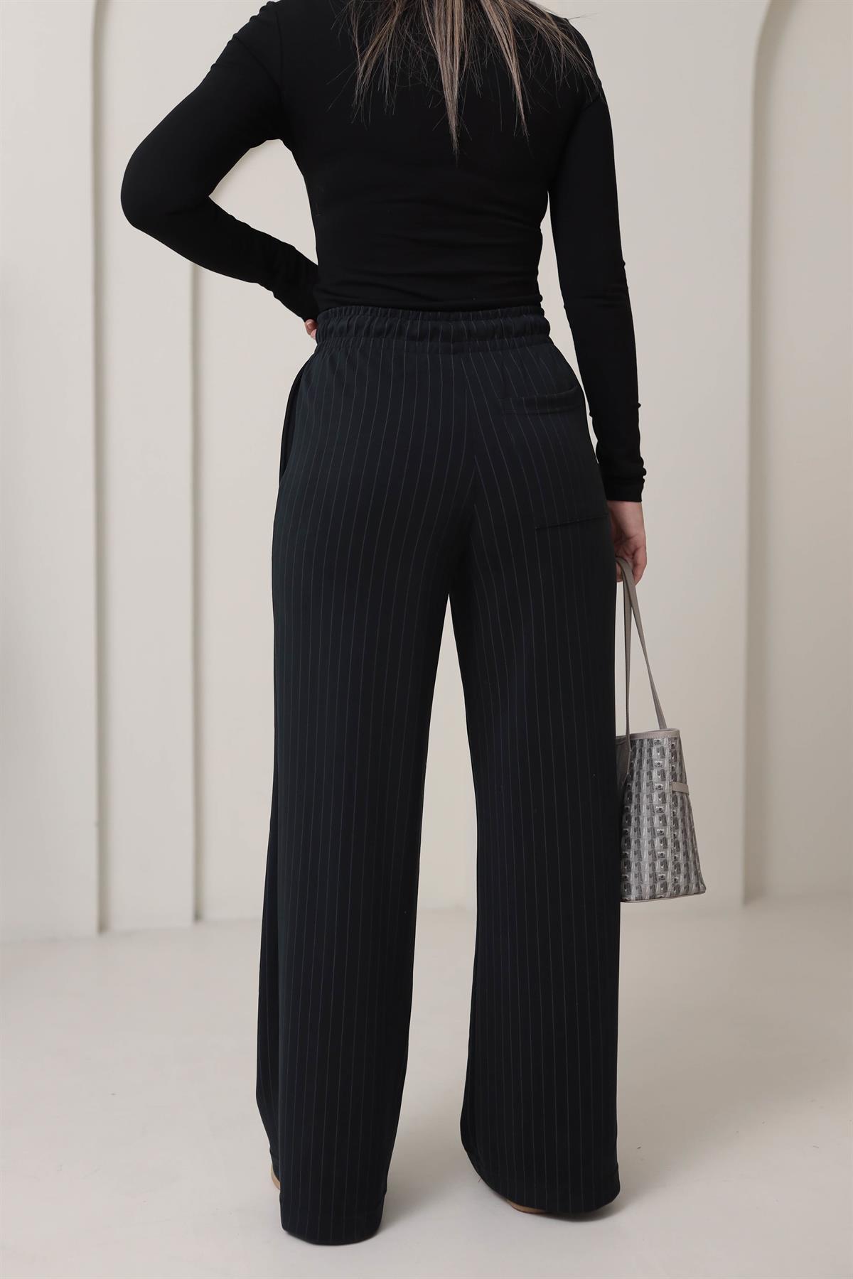1146 Çizgili Modal Palazzo Pantolon SİYAH