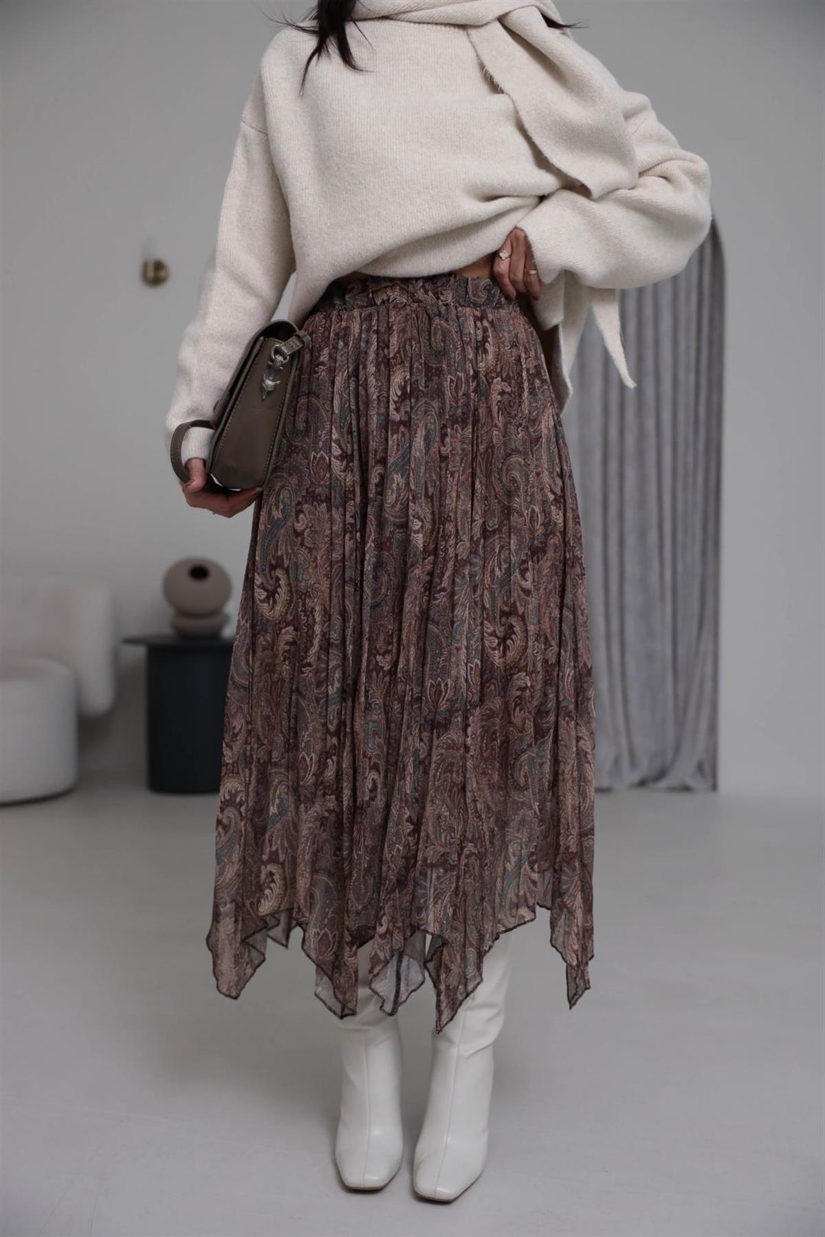 3873 Bel Lastikli Astarlı Asimetrik Etek DESENLİ