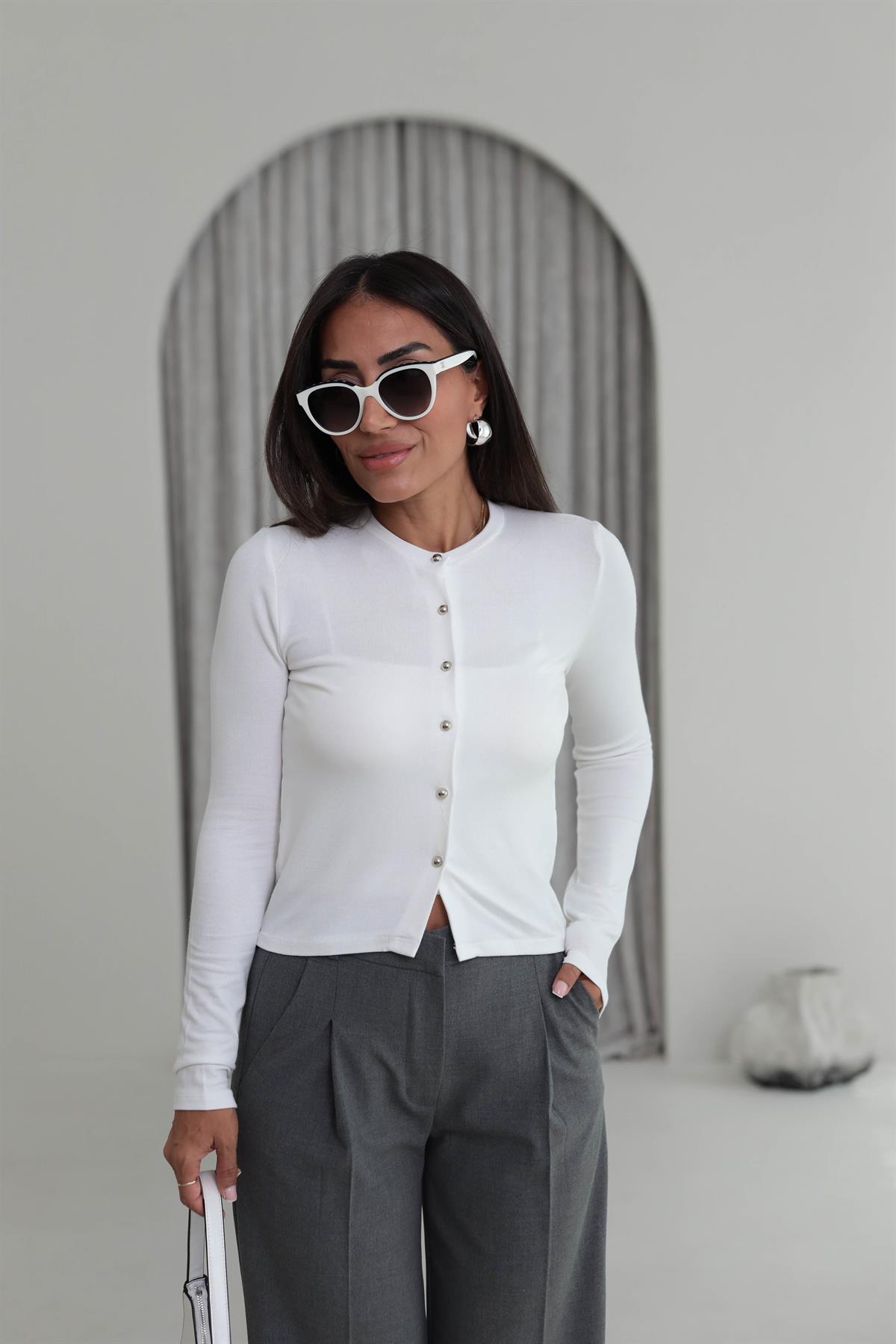 2122 Düğme Detaylı İnce Hırka EKRU