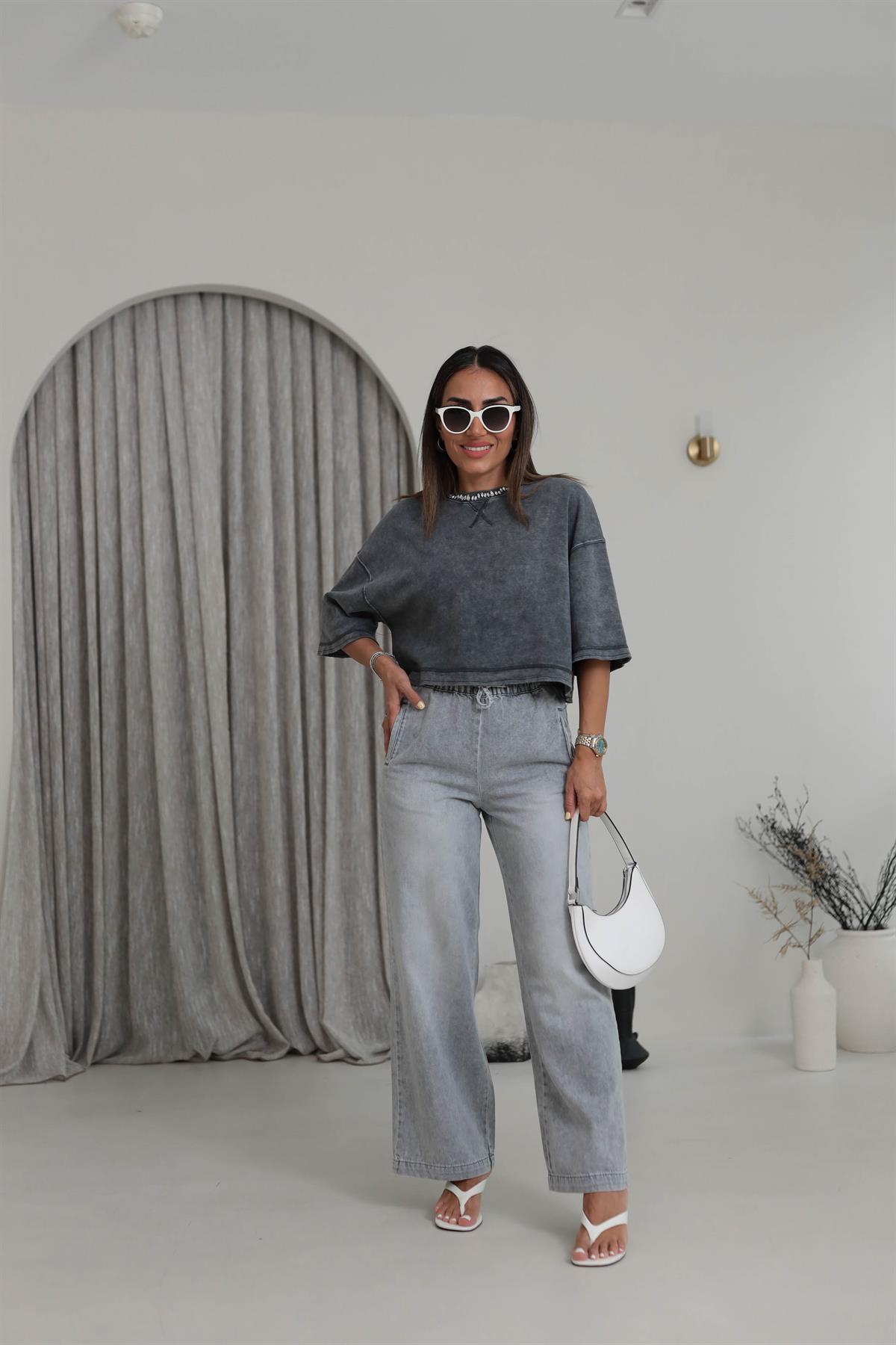 D800 Beli Lastikli Geniş Paça Jean Pantolon GRİ