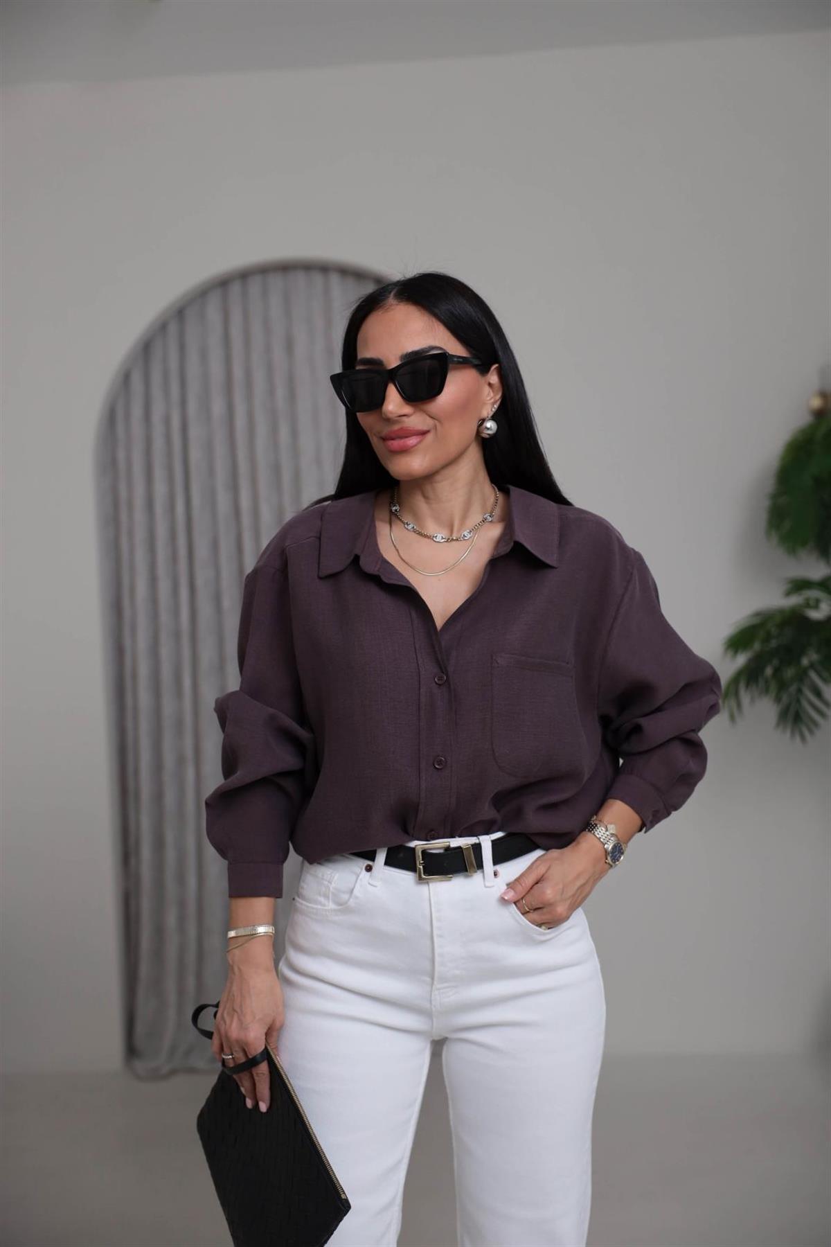 8454 Düşük Omuz Salaş Gömlek MÜRDÜM