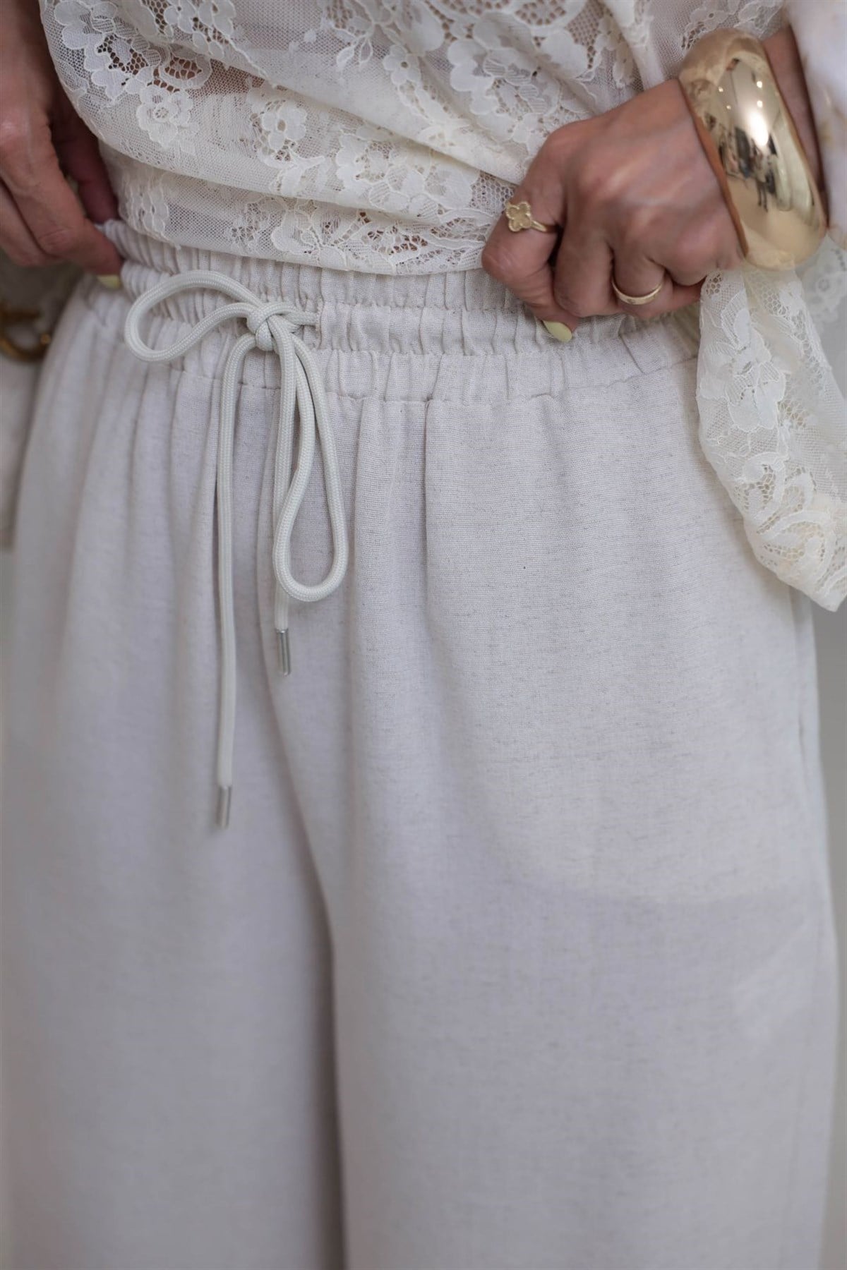 0298 Beli Lastikli Bol Paça Keten Pantolon NATURAL